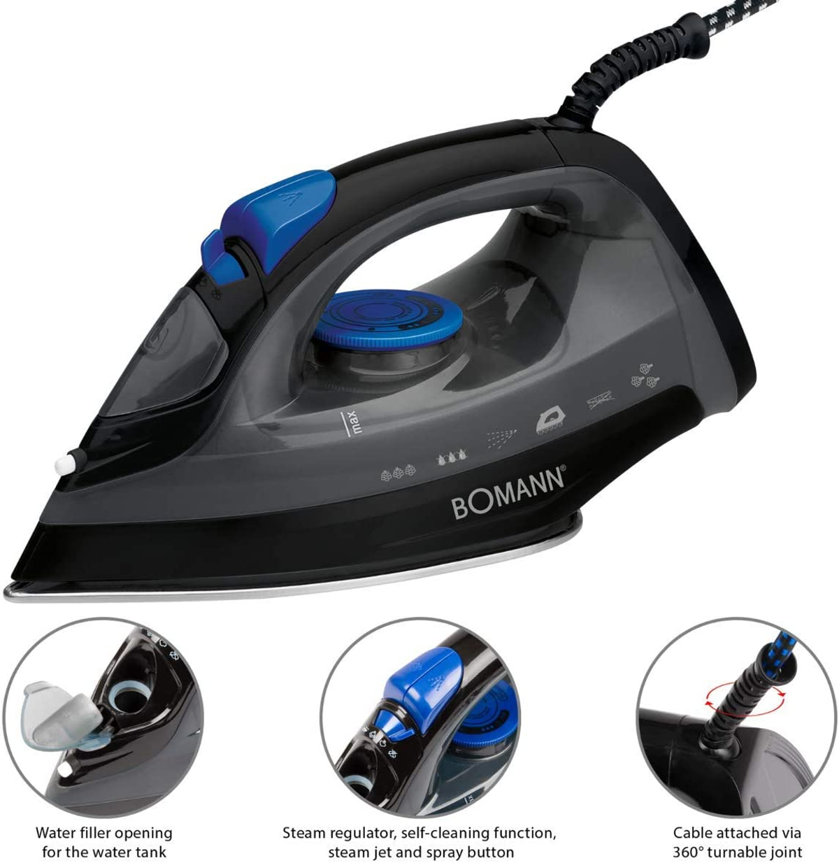 Czarne i szare żelazko z niebieskimi akcentami. Zawiera wlew wody, regulator pary i obrotowy przegub kablowy 360 stopni.