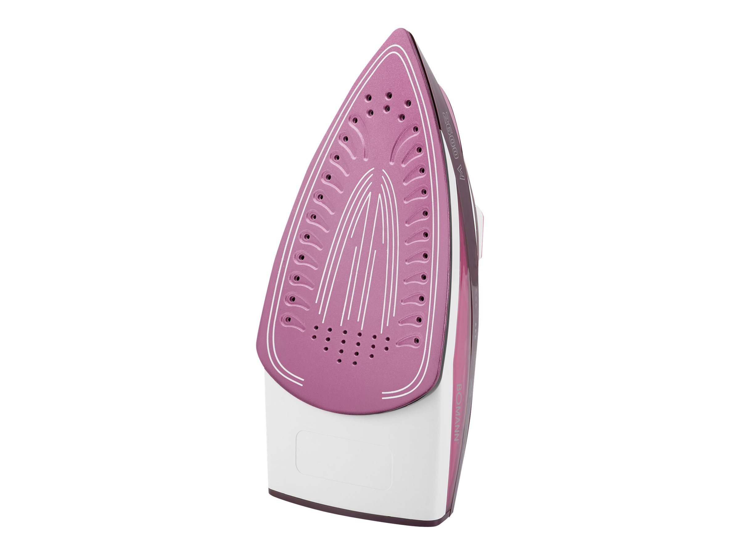 Zbliżenie fioletowo-białego żelazka, wyizolowanego na białym tle. Żelazko jest pochylone w lewo.