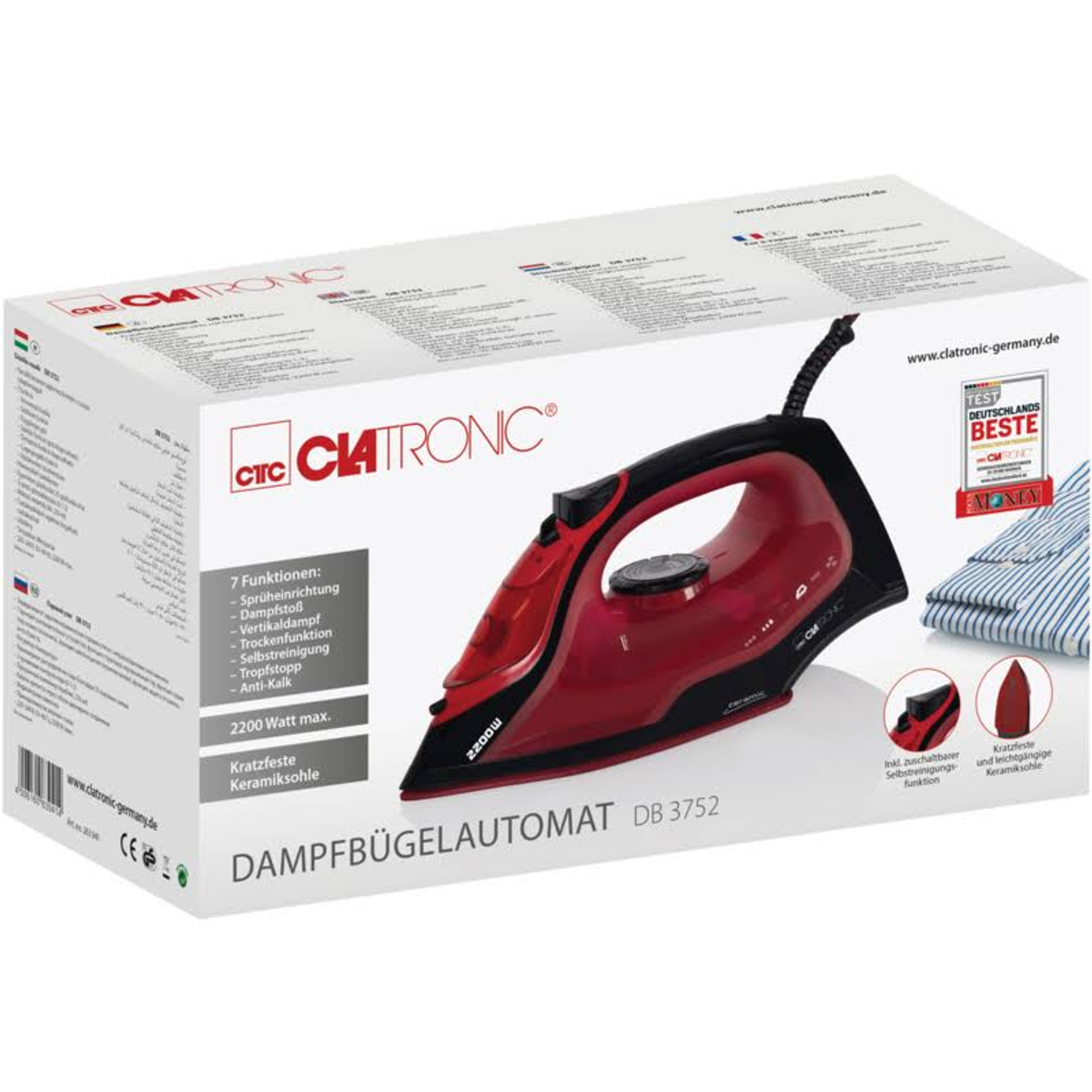 Czerwono-czarne żelazko Clatronic na pudełku. Na pudełku znajdują się informacje o funkcjach żelazka i odznaka 'Test'.