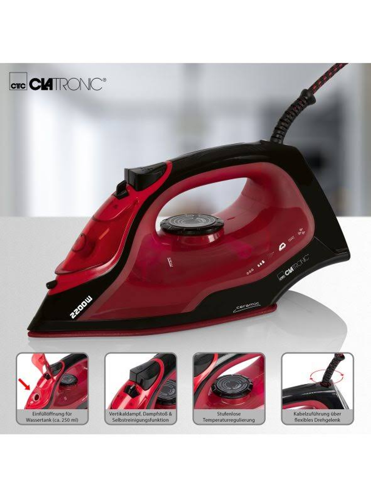 Ein rotes und schwarzes Bügeleisen der Marke 'Clatronic'. Es hat eine Keramiksohle und verschiedene Funktionen. Darunter kleinere Bilder.