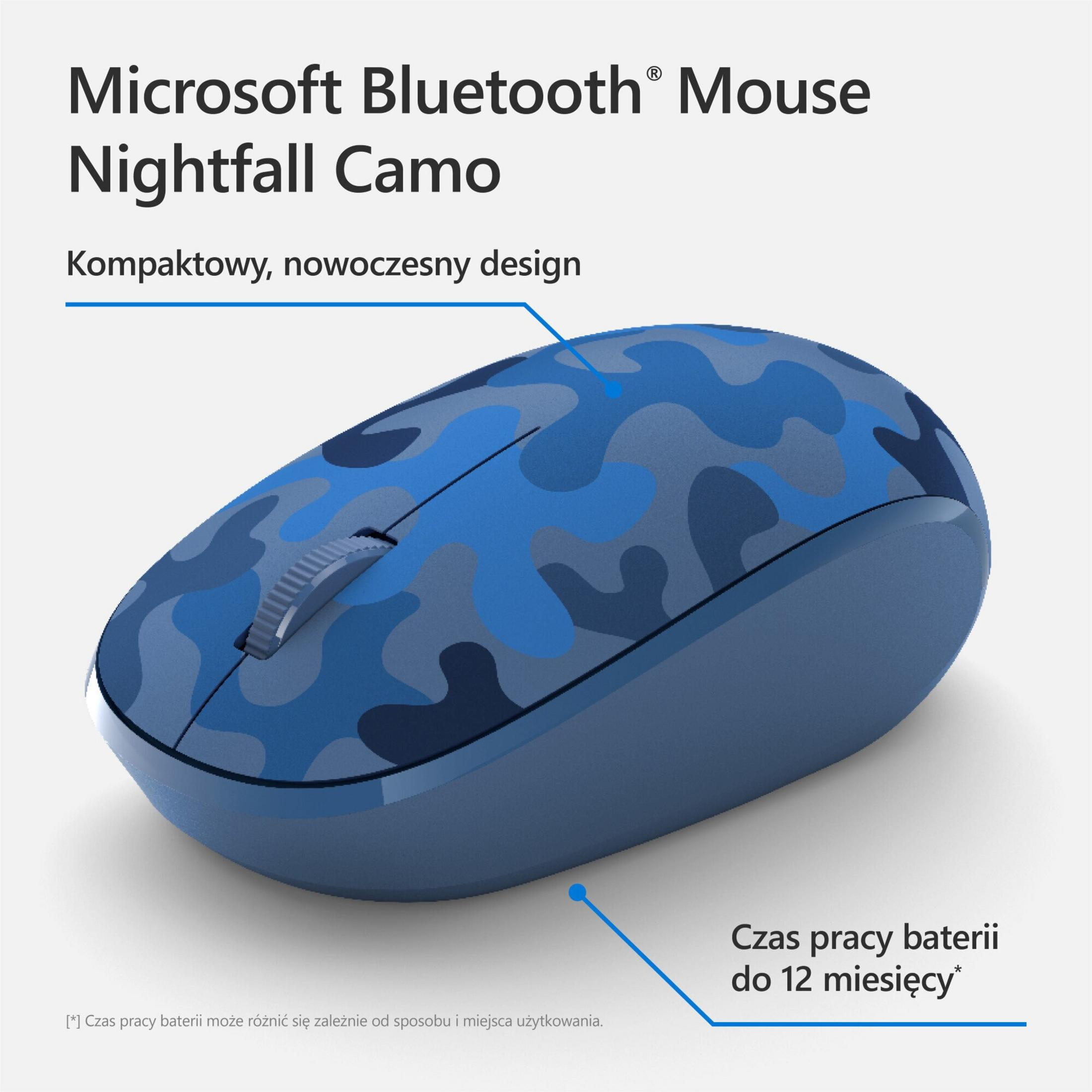 Mouse Microsoft Bluetooth, design Nightfall Camo. Motivo mimetico blu sul mouse. Sfondo bianco, testo in polacco.
