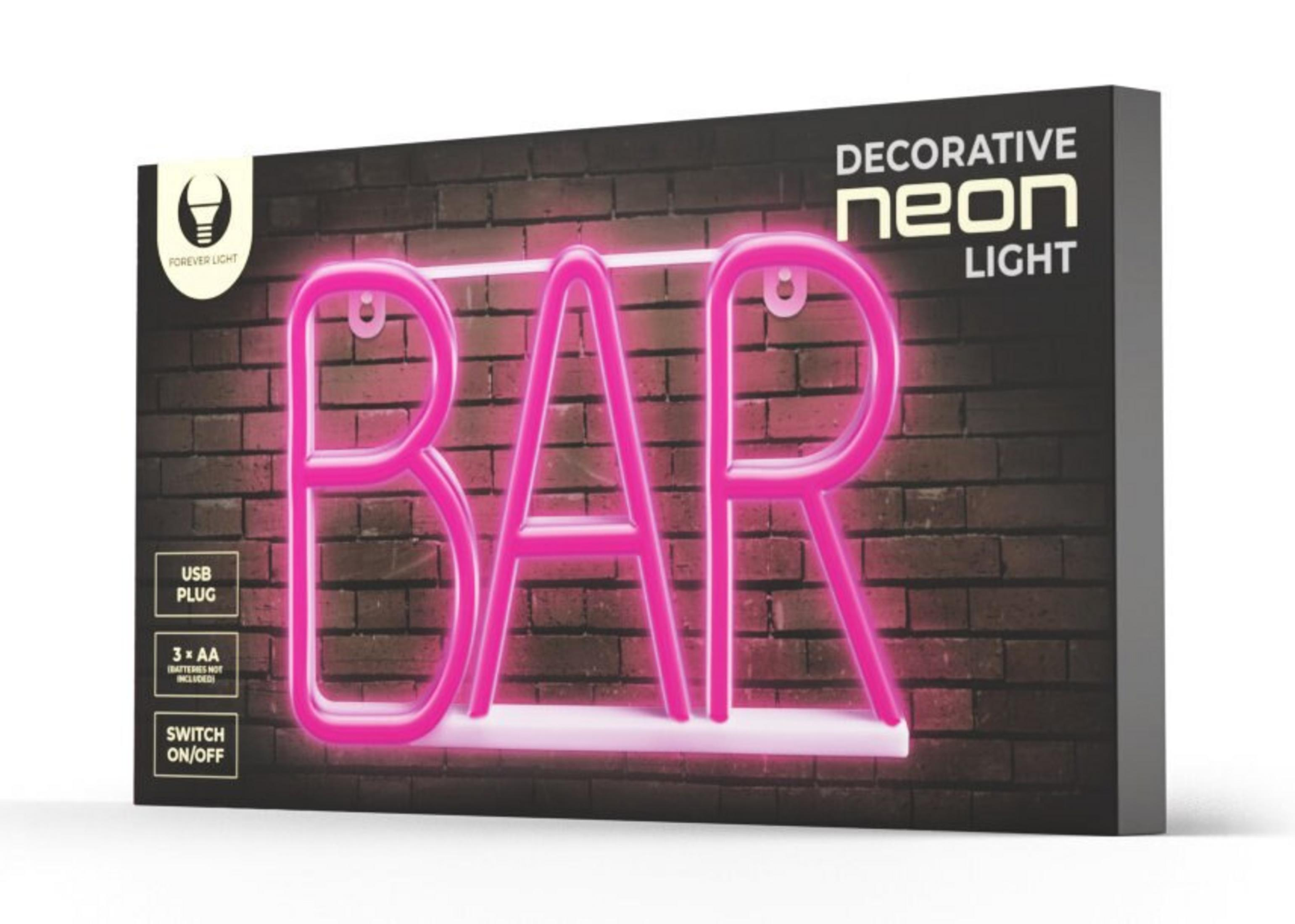 Un letrero de neón en una caja dice 'BAR' en rosa. Está sobre un fondo de pared de ladrillos.