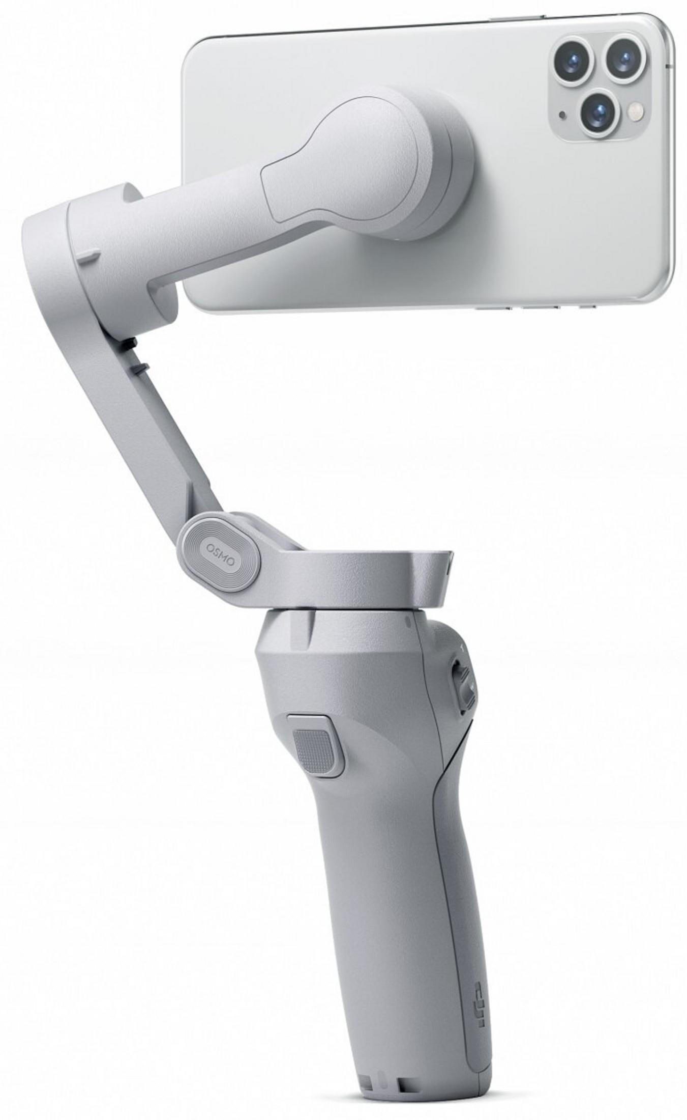 Ein grauer Telefonstabilisator, der ein weißes Telefon hält. Der Stabilisator ist nach oben und links abgewinkelt.