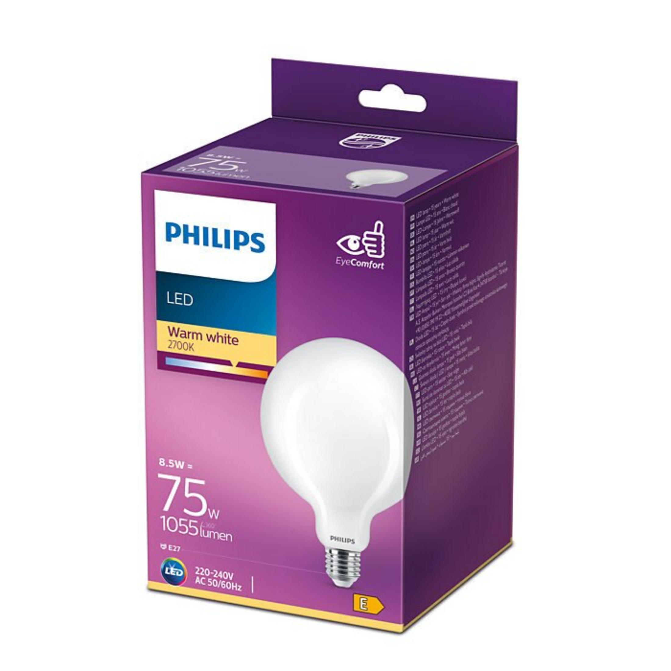Opakowanie żarówki LED Philips. Pokazuje żarówkę i szczegóły, takie jak moc, lumeny, temperatura barwowa i nazwa marki.