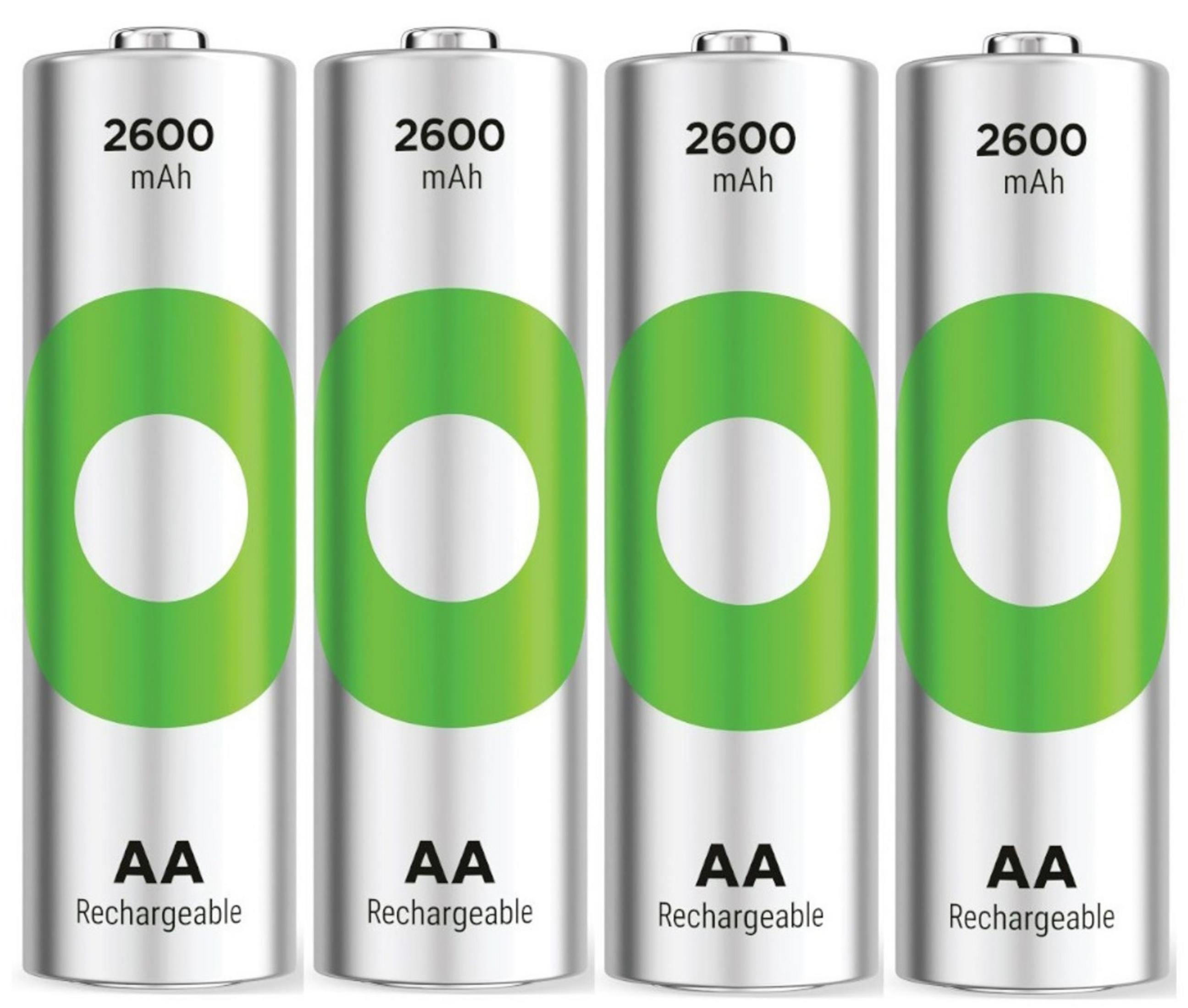Quattro batterie ricaricabili AA, argento con striscia verde, ciascuna con capacità 2600 mAh.