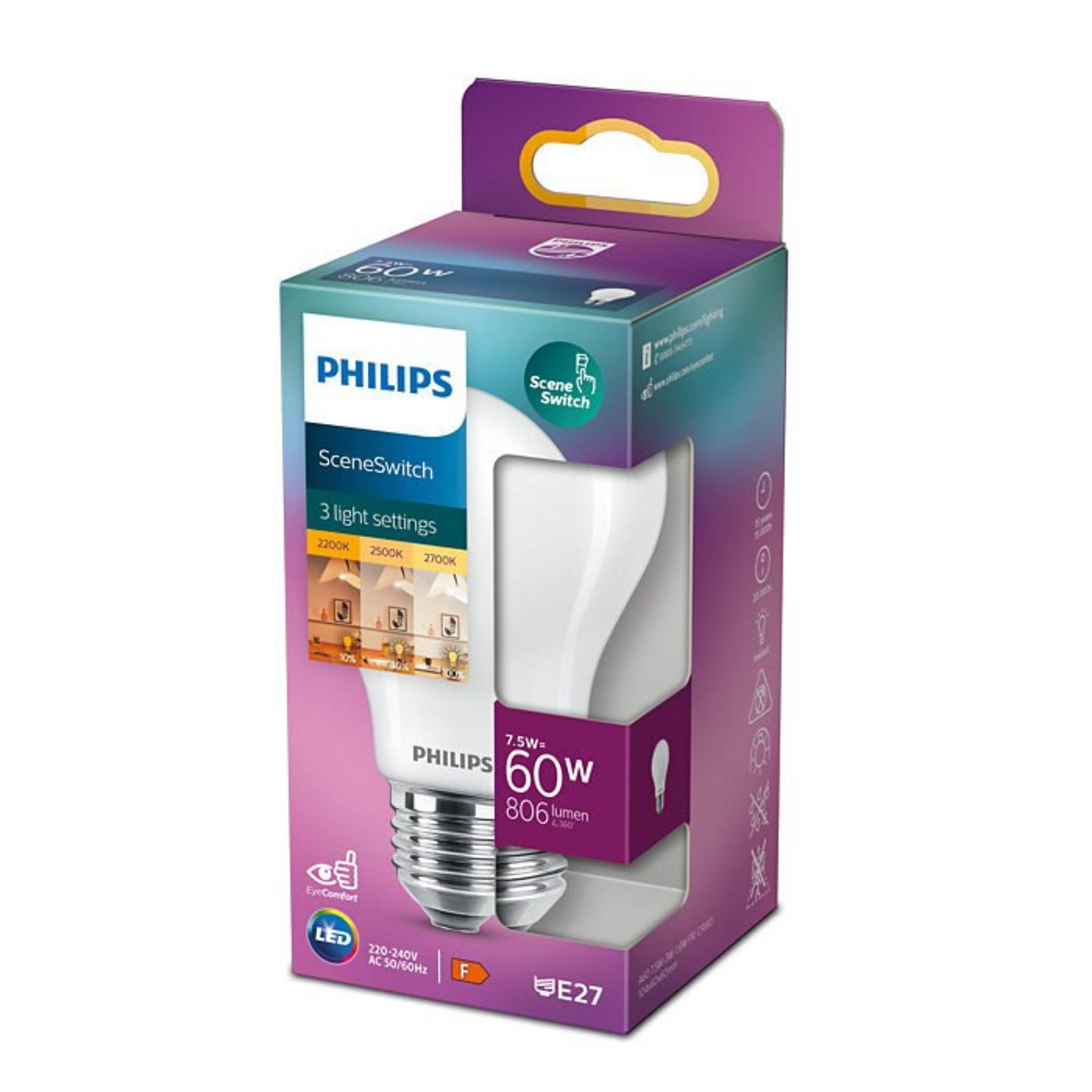 Żarówka LED Philips SceneSwitch w pudełku. Pudełko jest fioletowo-białe z tekstem o cechach żarówki.