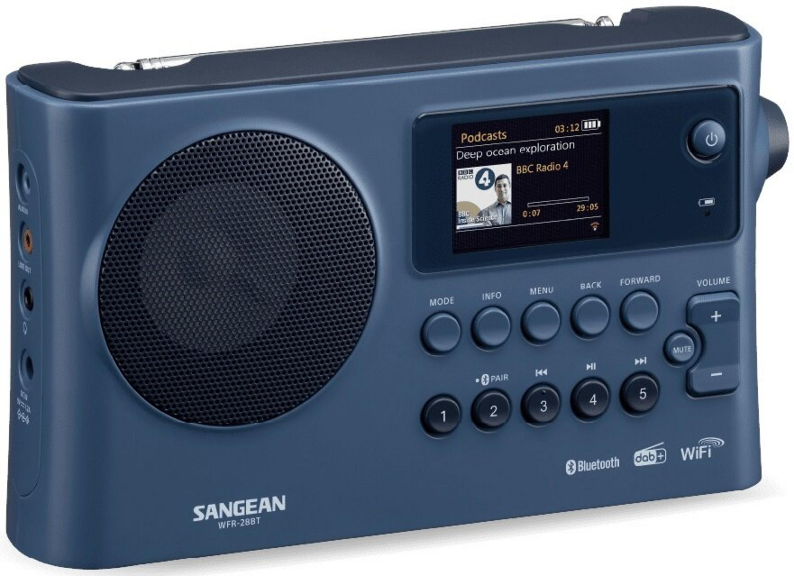 Ciemnoniebieskie radio Sangean z ekranem wyświetlającym podcasty. Ma przyciski i głośnik.