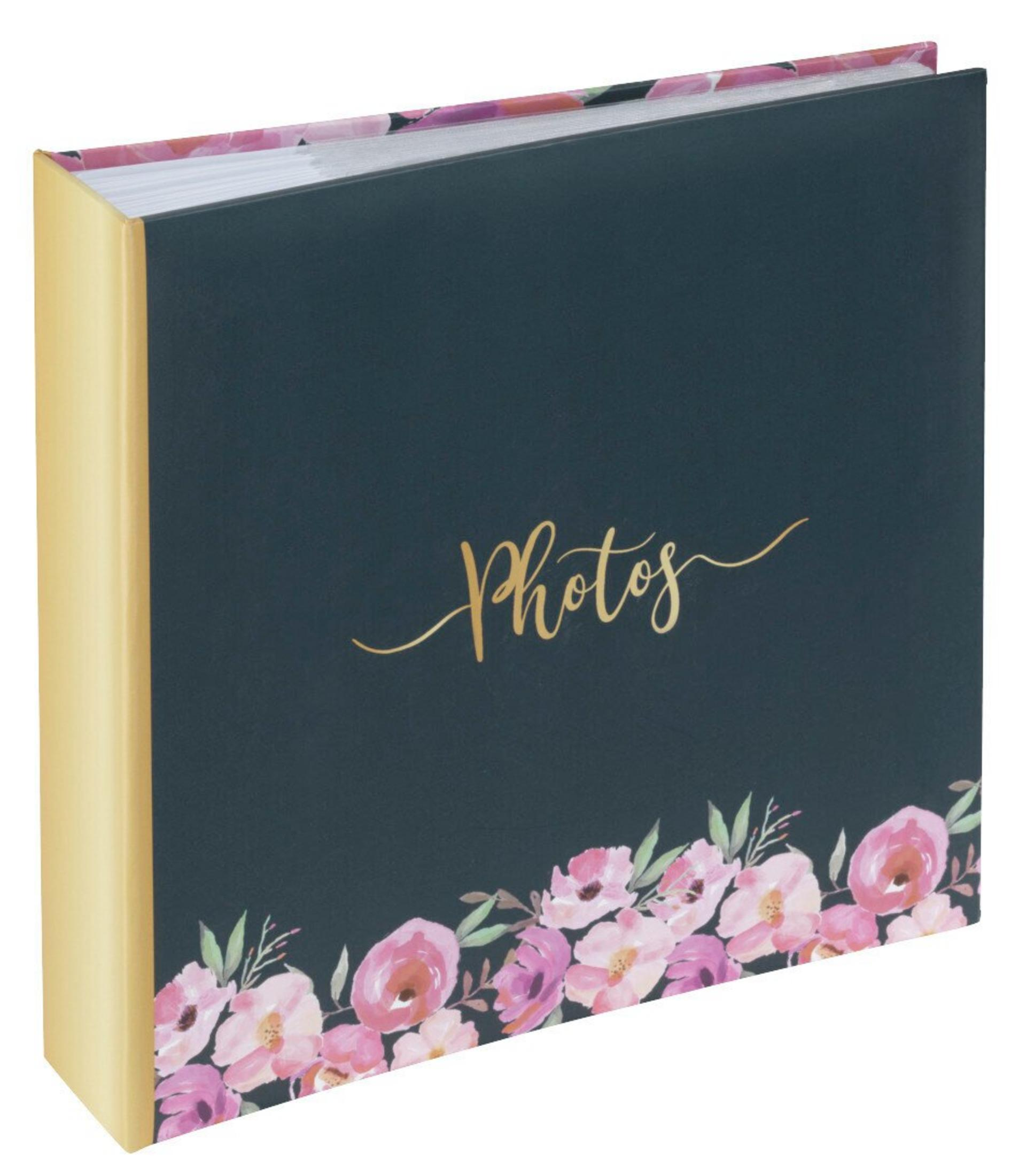 Album fotograficzny. Ciemna okładka ze złotym napisem 'Photos' i kwiatowym wzorem na dole. Złoty grzbiet.