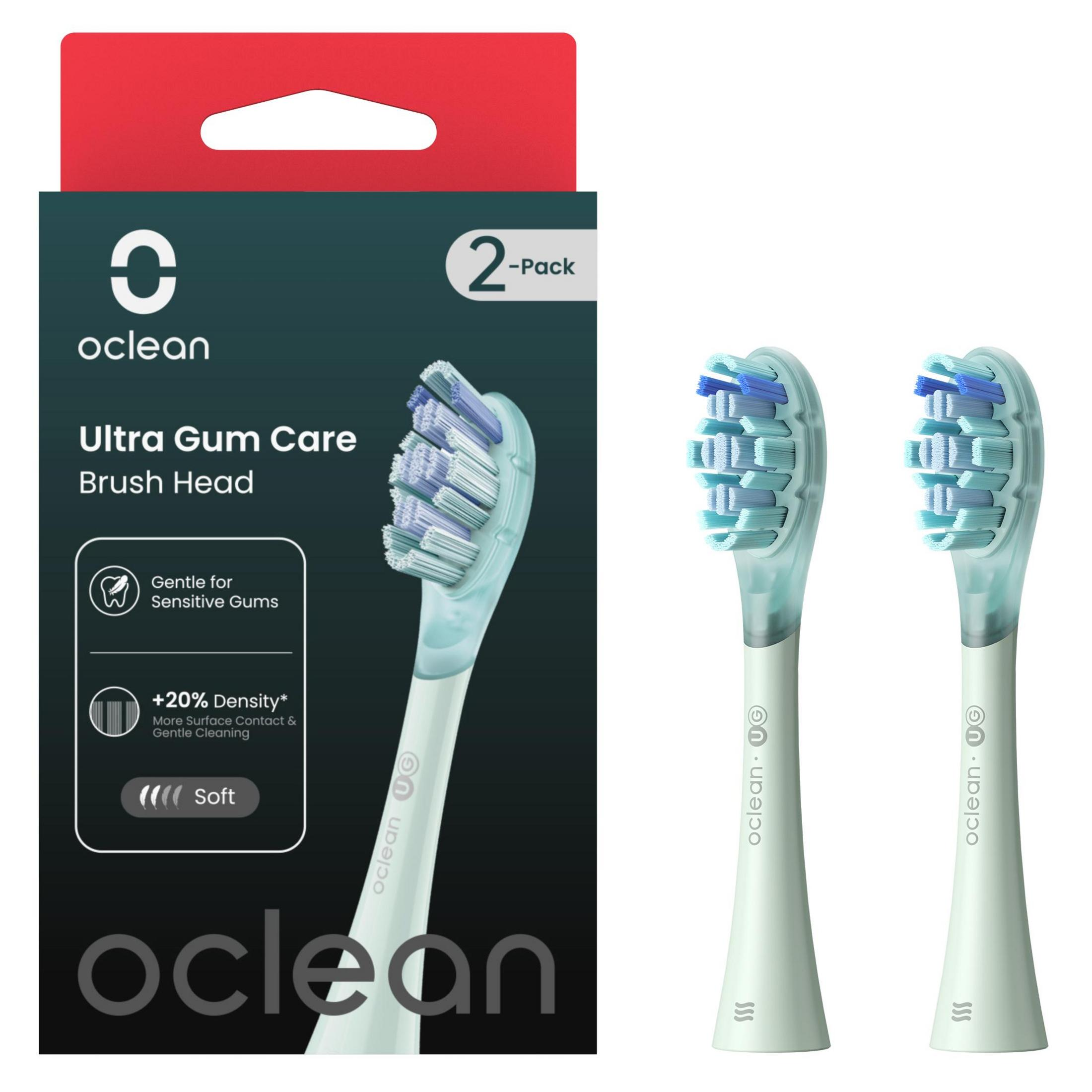 Das Bild zeigt eine Schachtel und zwei Zahnbürstenköpfe. Auf der Schachtel steht oclean Ultra Gum Care, mit Infos zum Bürstenkopf.
