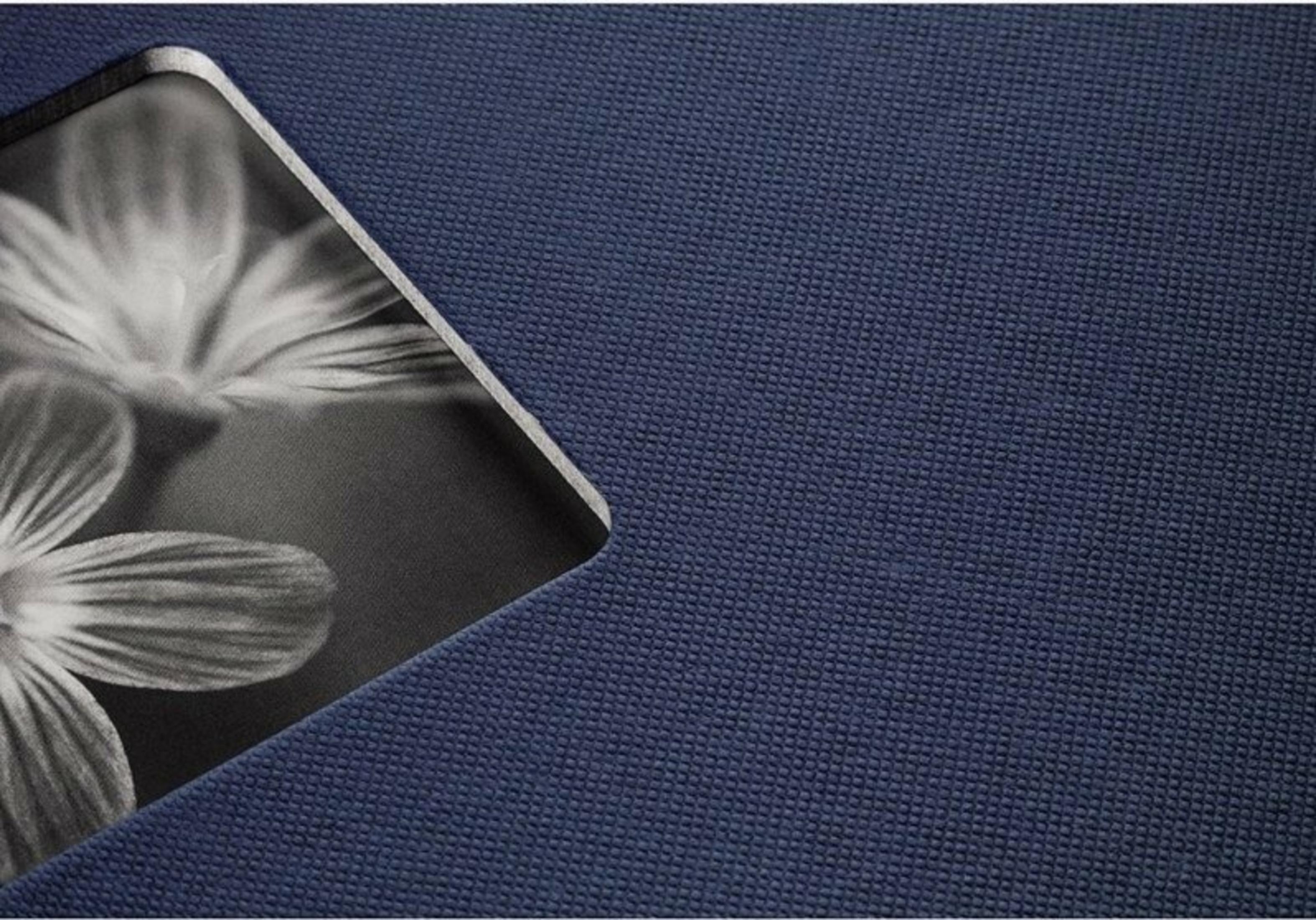 Obraz przedstawia niebieską, teksturowaną powierzchnię z rogiem czarno-białego obrazu kwiatowego.