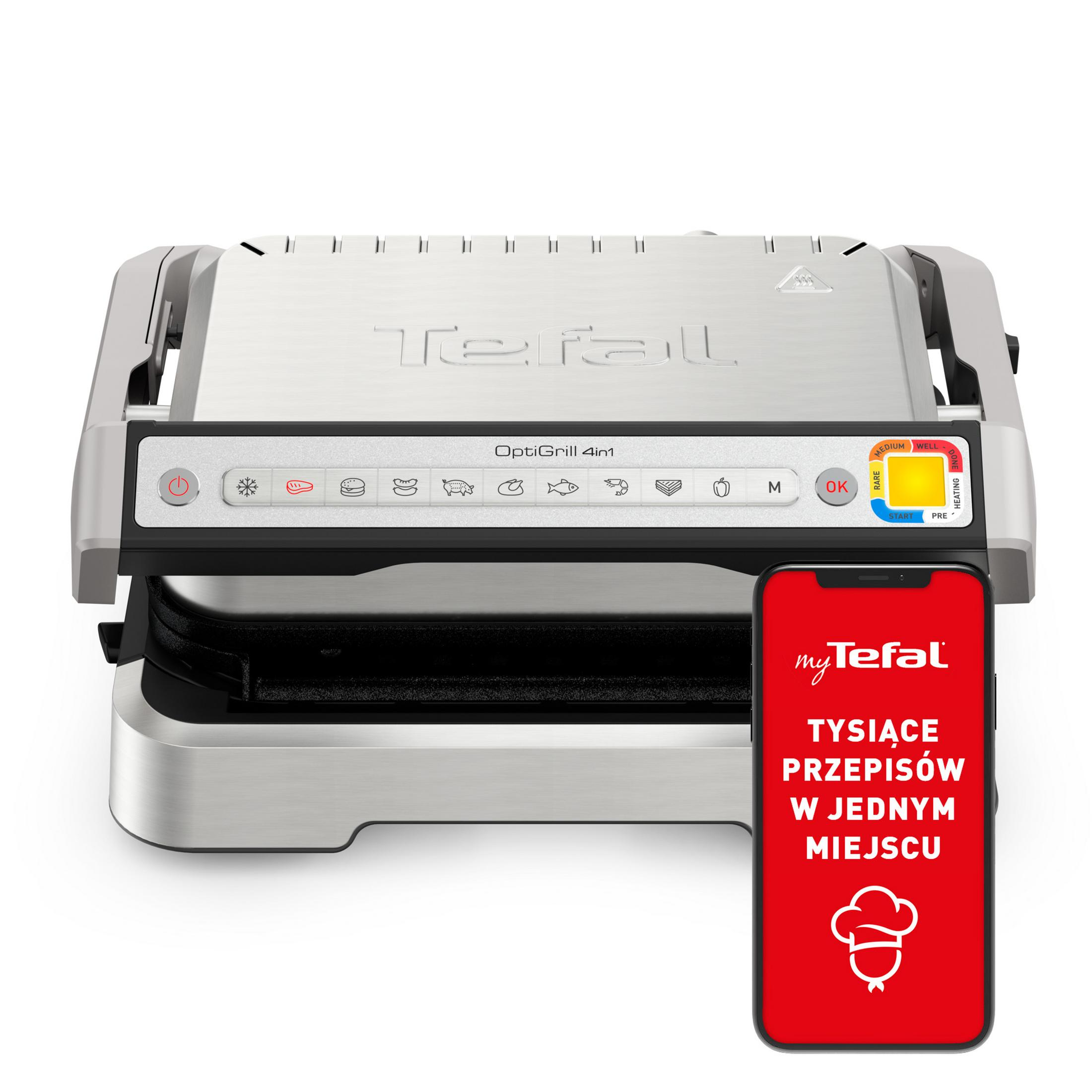 Un Tefal OptiGrill 4en1 est à côté d'un téléphone affichant l'application myTefal. Le grill est argenté et noir.