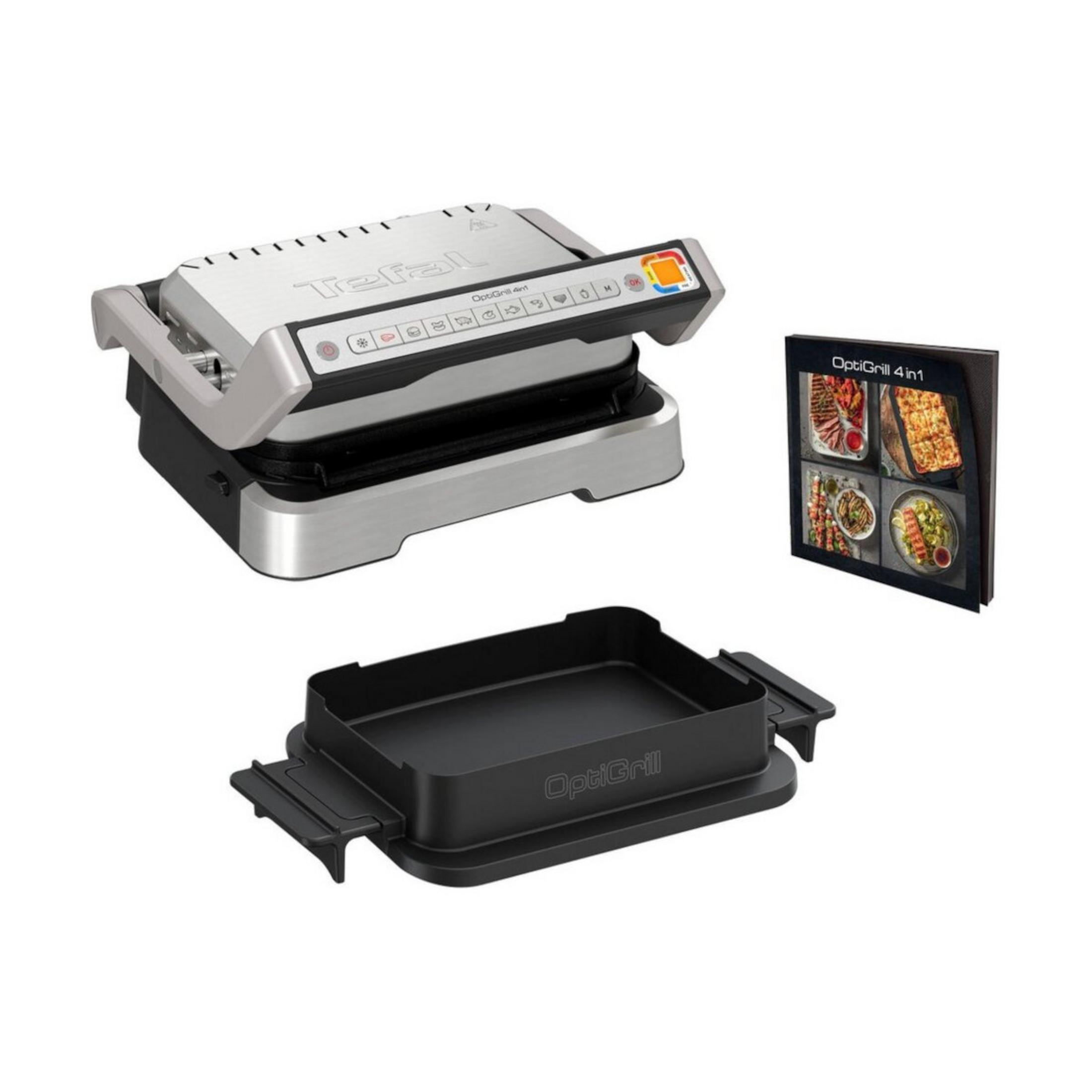 Tefal OptiGrill 4-en-1. Grill argenté et noir avec accessoires. Affichant des images d'aliments cuits.