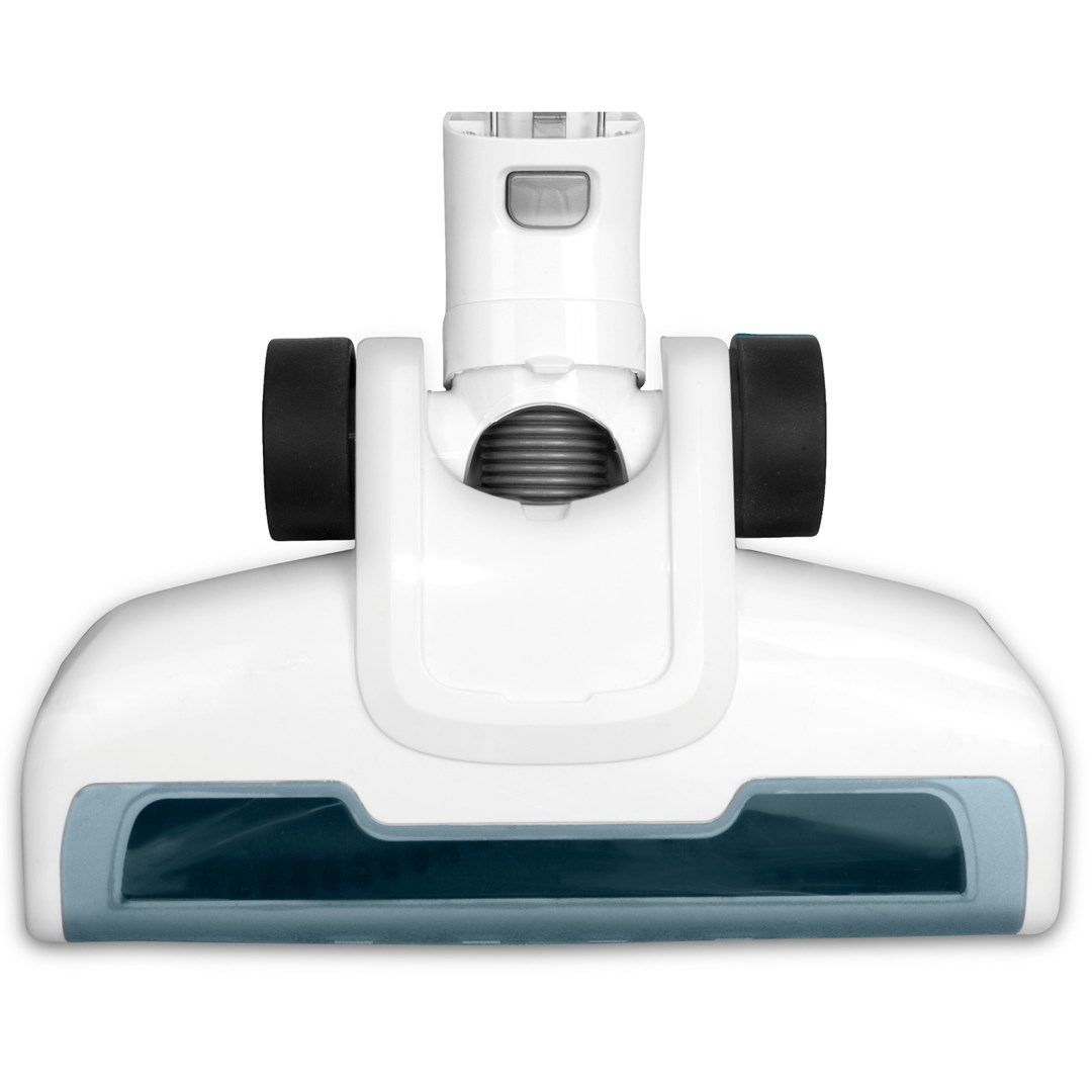 Biała głowica odkurzacza z czarnymi kołami i niebieskim otworem. Górna część jest biała, z szarą sprężyną w środku.