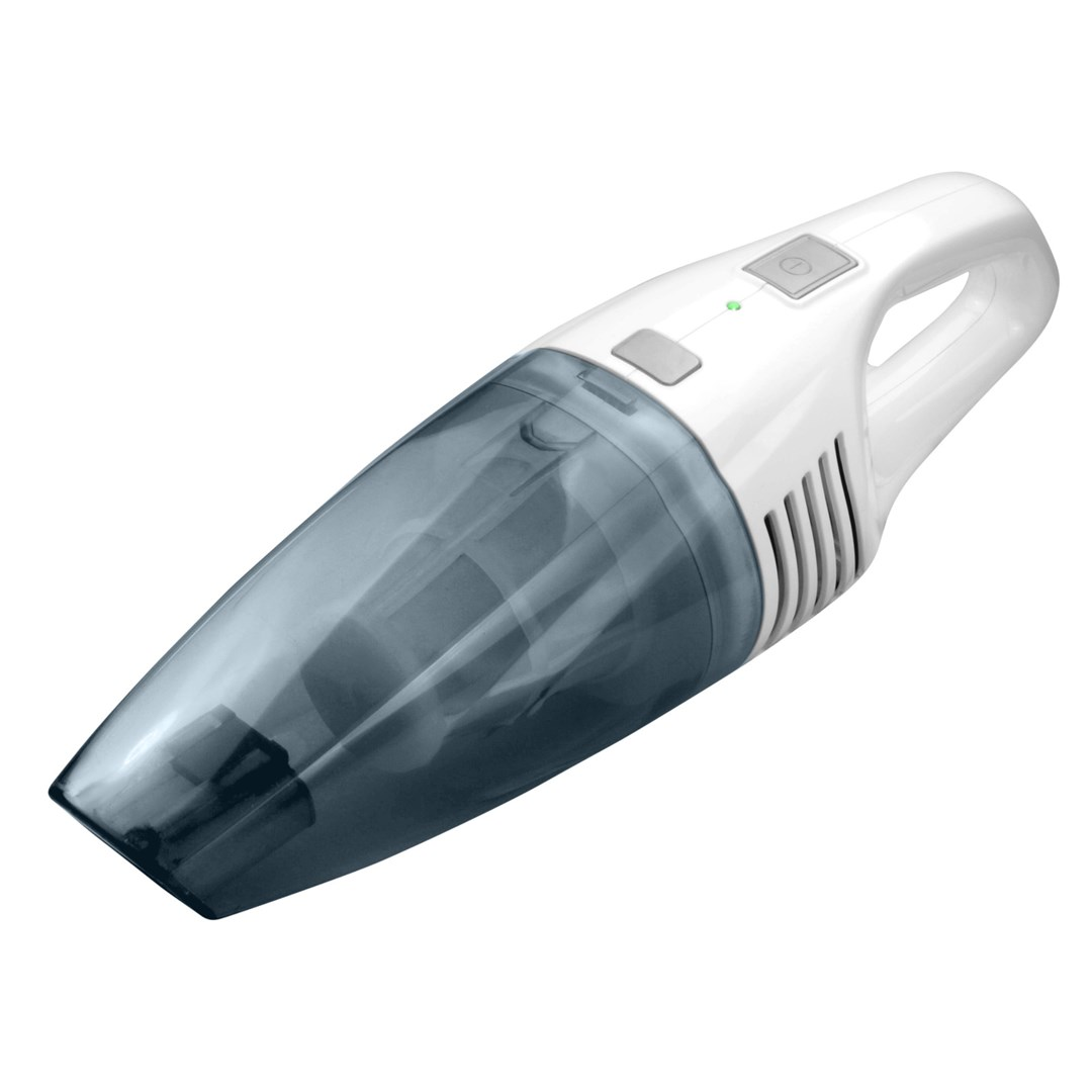 Biało-szary odkurzacz ręczny. Ma przezroczysty pojemnik na kurz, uchwyt i przyciski zasilania.