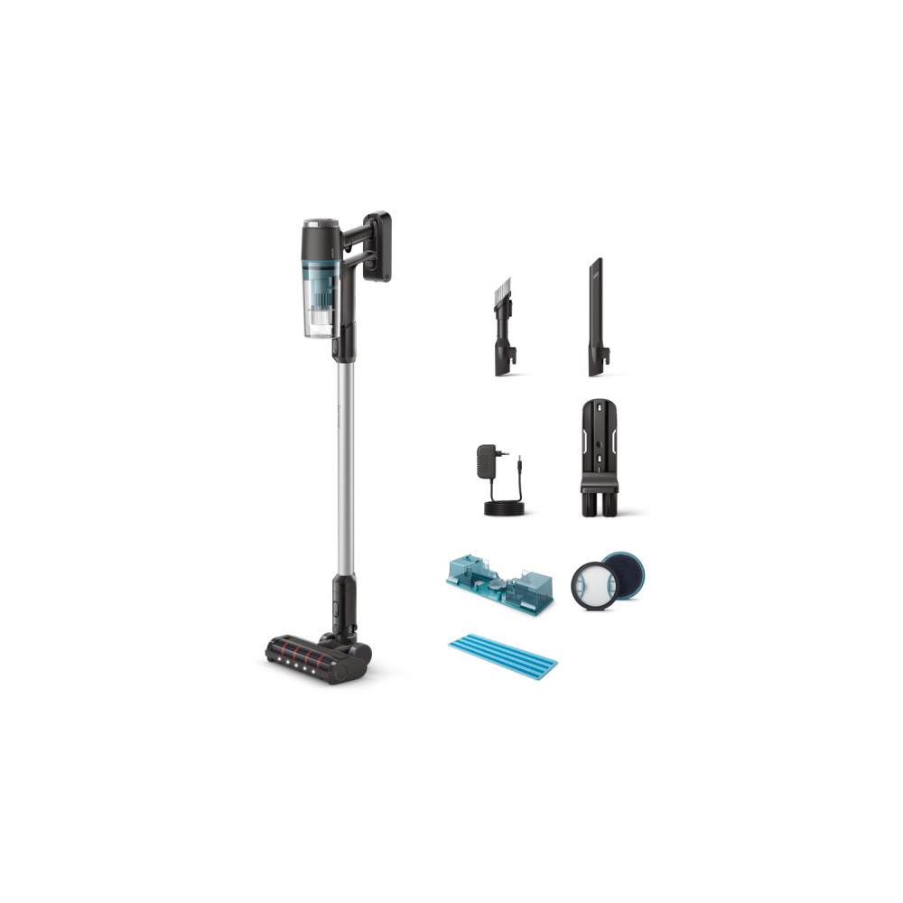 Aspirapolvere senza fili con accessori su sfondo bianco. Include caricatore, testine, filtri e un panno pulente blu.