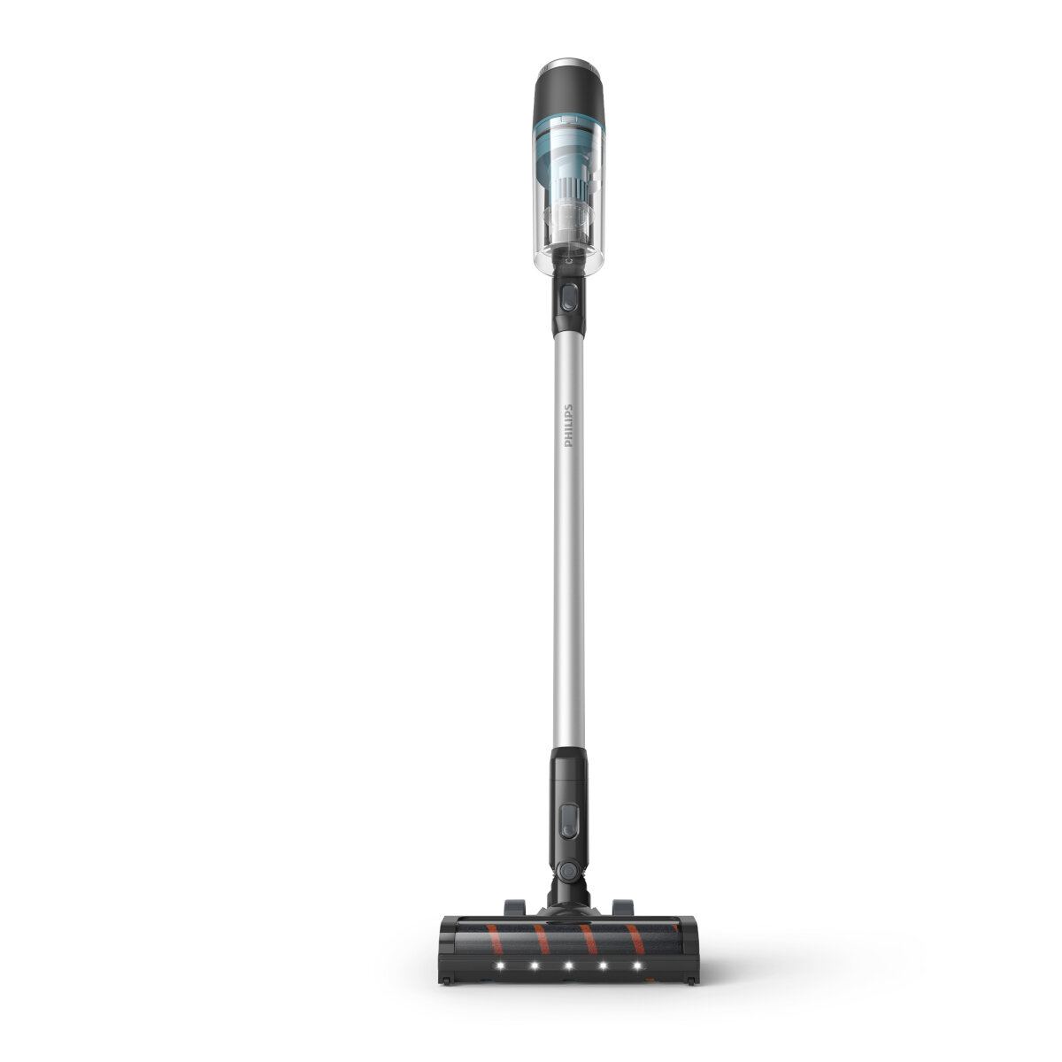 Un aspirapolvere senza fili Philips, argento e nero, è in piedi su uno sfondo bianco.