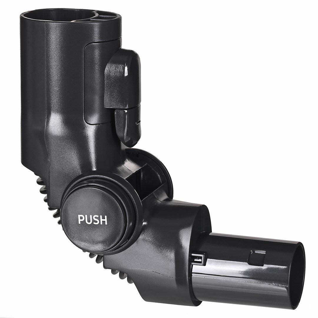 Czarny plastikowy osprzęt do odkurzacza. Posiada przycisk, zakrzywioną konstrukcję i różne końcówki łączące. Wyizolowany na białym tle.