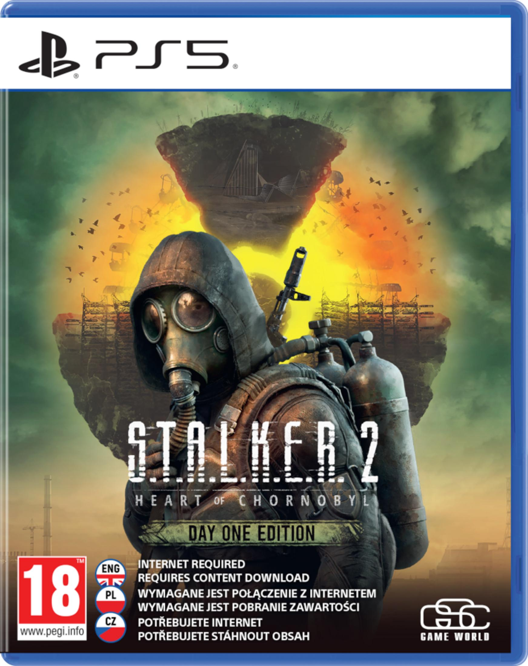 Copertina del gioco. Uomo con maschera antigas, titolo Stalker 2. Logo PS5 in alto. Classificazione 18, richiede internet.