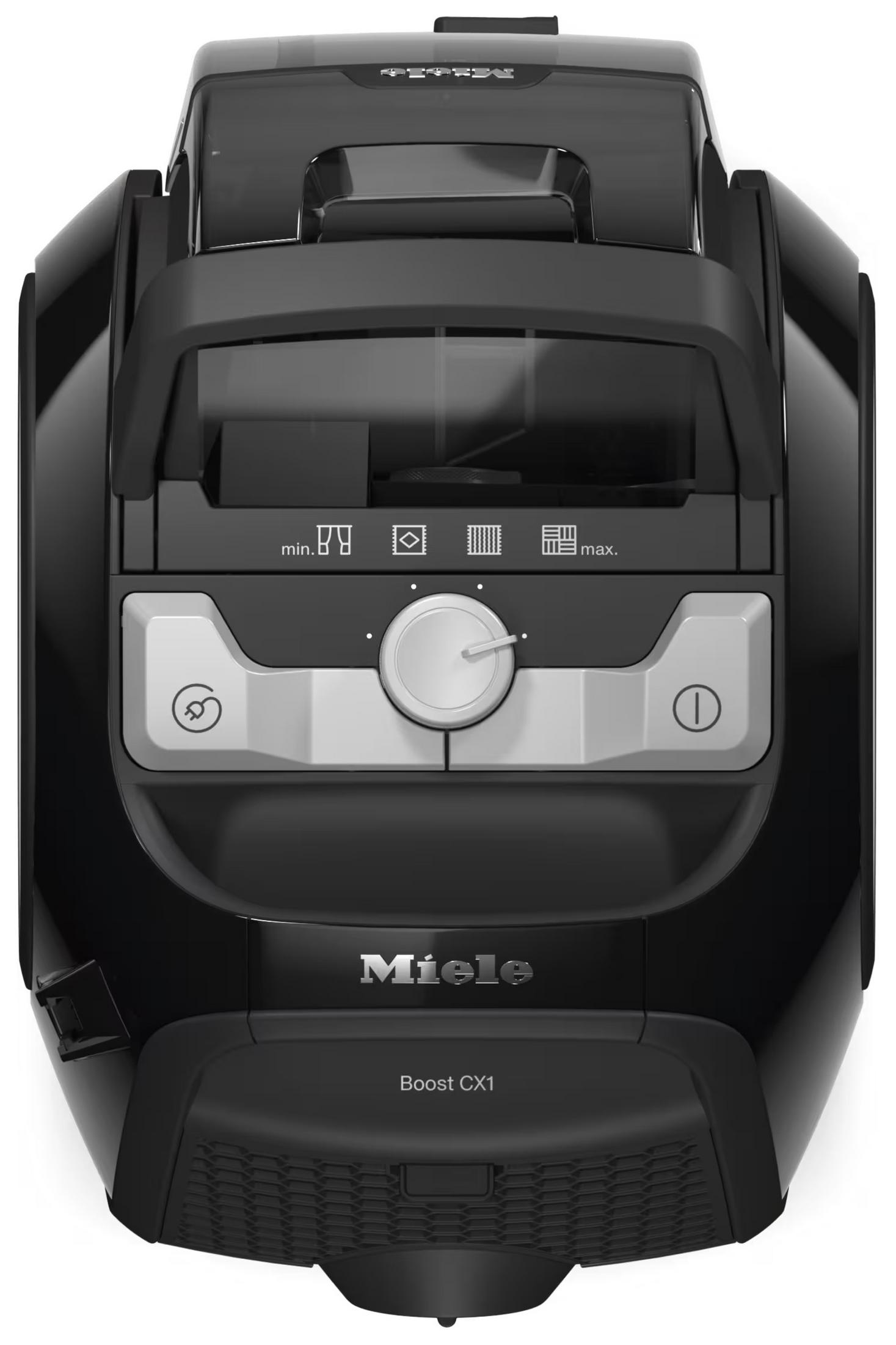 Czarny odkurzacz Miele Boost CX1. Posiada przyciski zasilania, pokrętło i uchwyt. Design jest elegancki i nowoczesny.