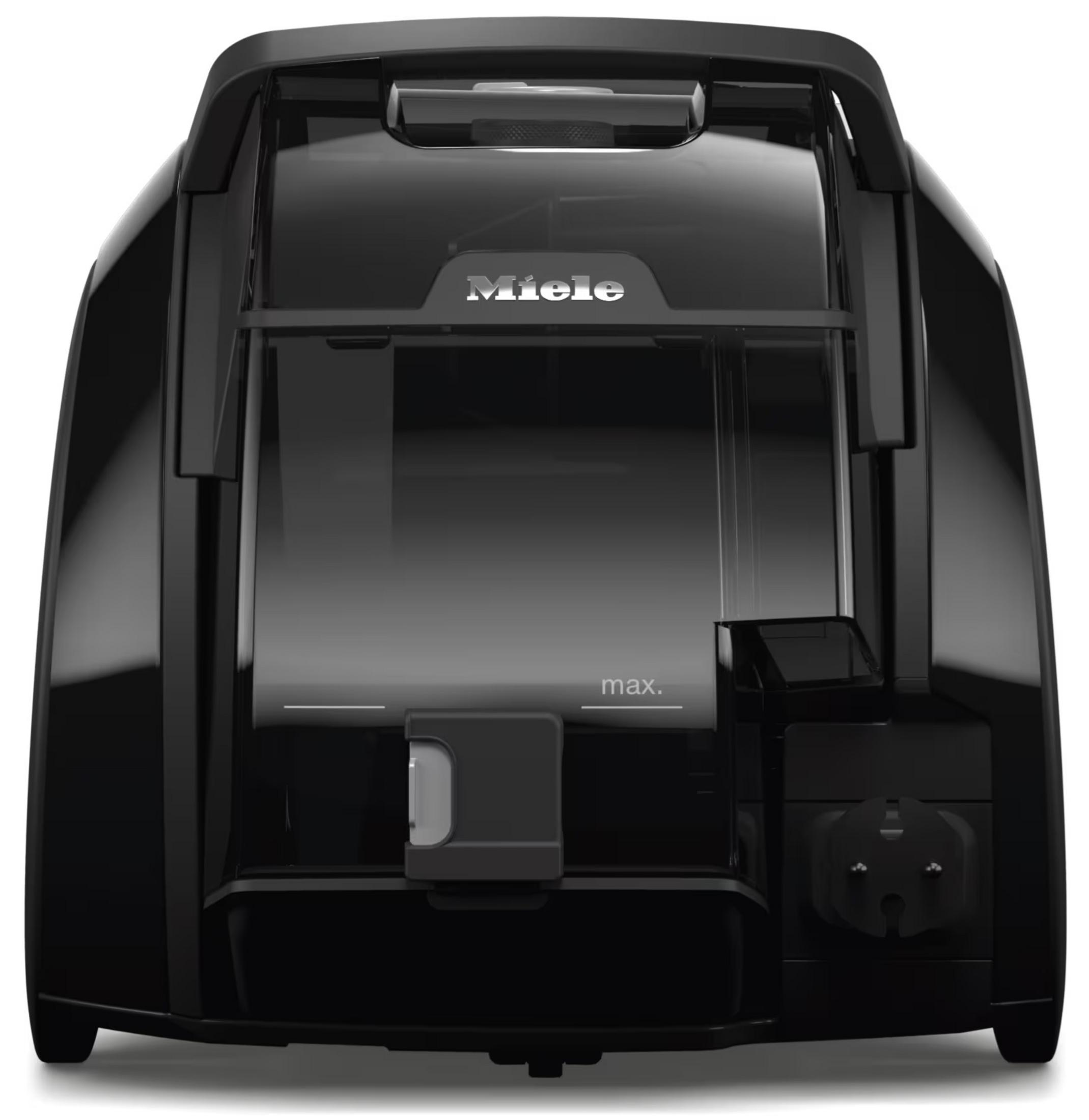 Czarny odkurzacz Miele. Przezroczysty pojemnik z przodu. Srebrne logo 'Miele'. Widoczny tekst 'max'.