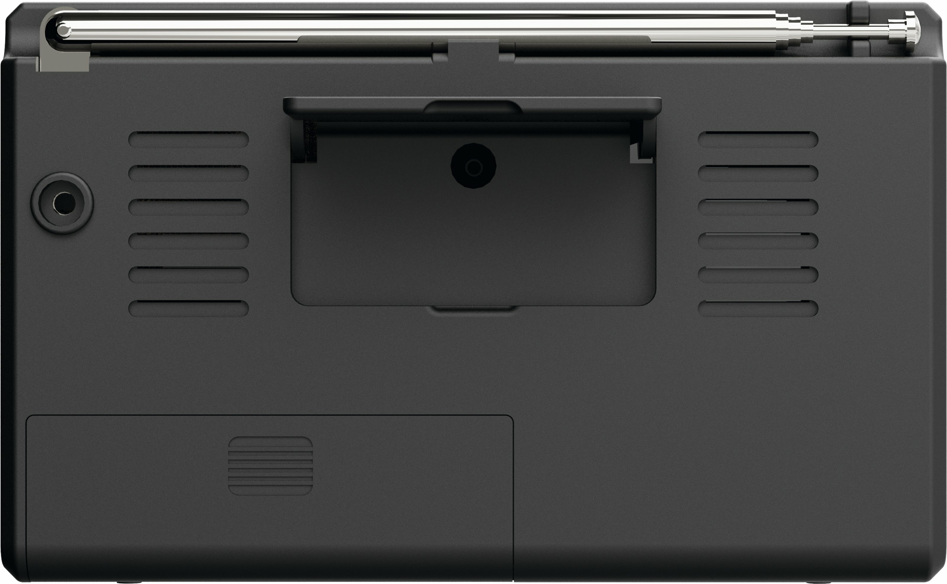 Zbliżenie czarnego radia. Posiada metalową antenę, kratki głośnikowe, drzwiczki komory i gniazdo słuchawkowe.