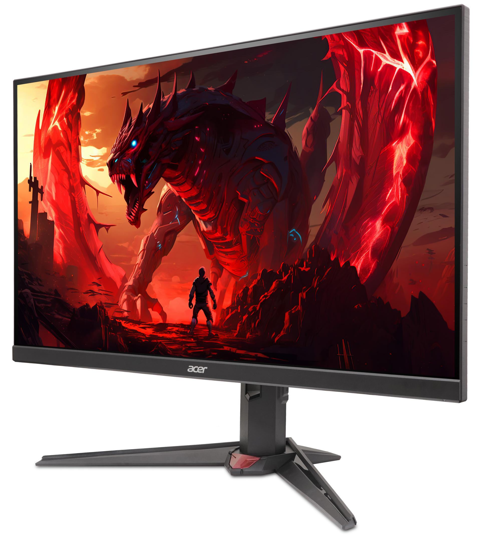 Monitor Acer wyświetla czerwonego smoka, postać i ognisty krajobraz. Monitor stoi na czarnym stojaku.