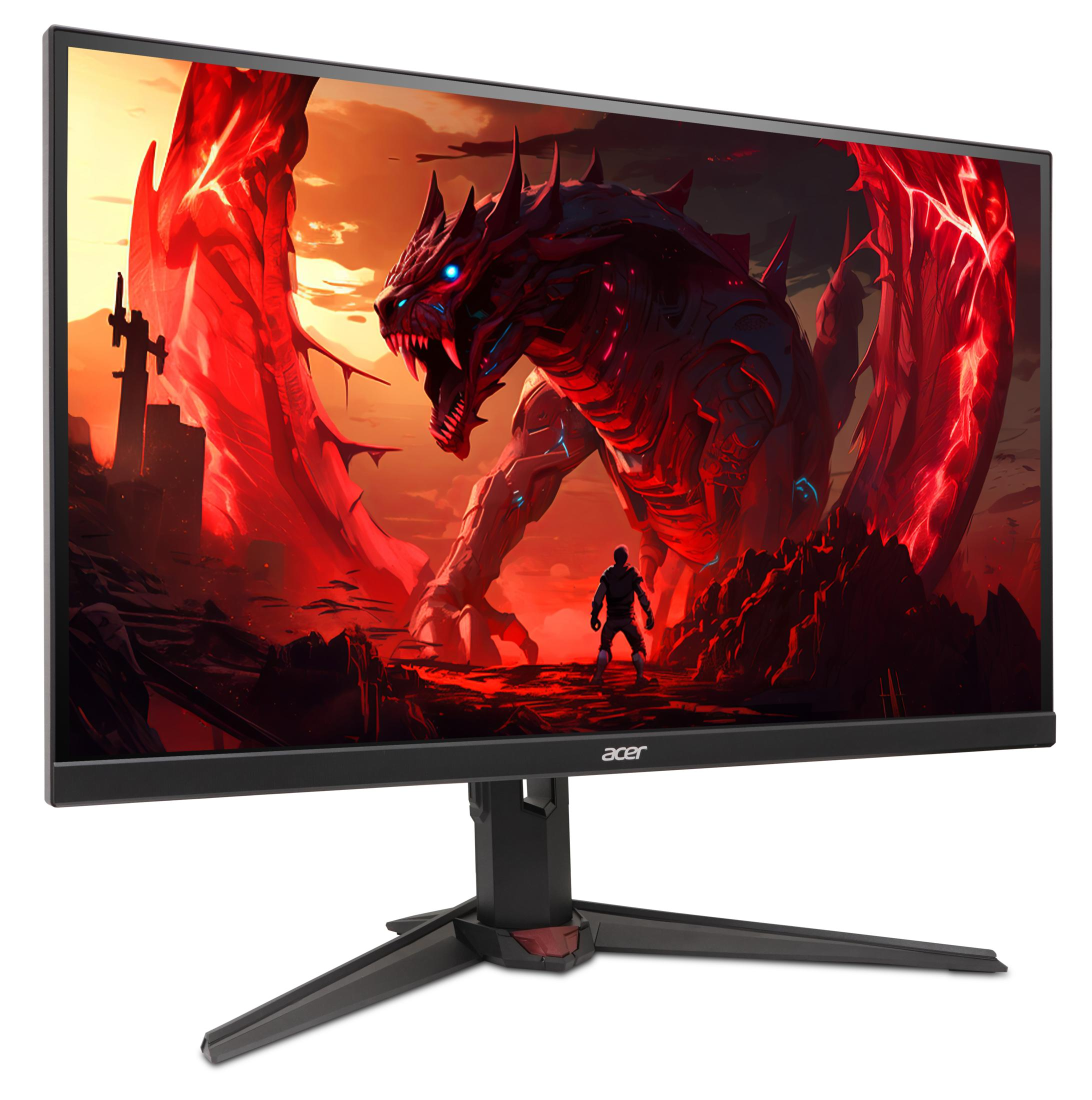 Monitor Acer wyświetla czerwonego smoka, postać i płonącą scenę. Monitor stoi na czarnym stojaku.