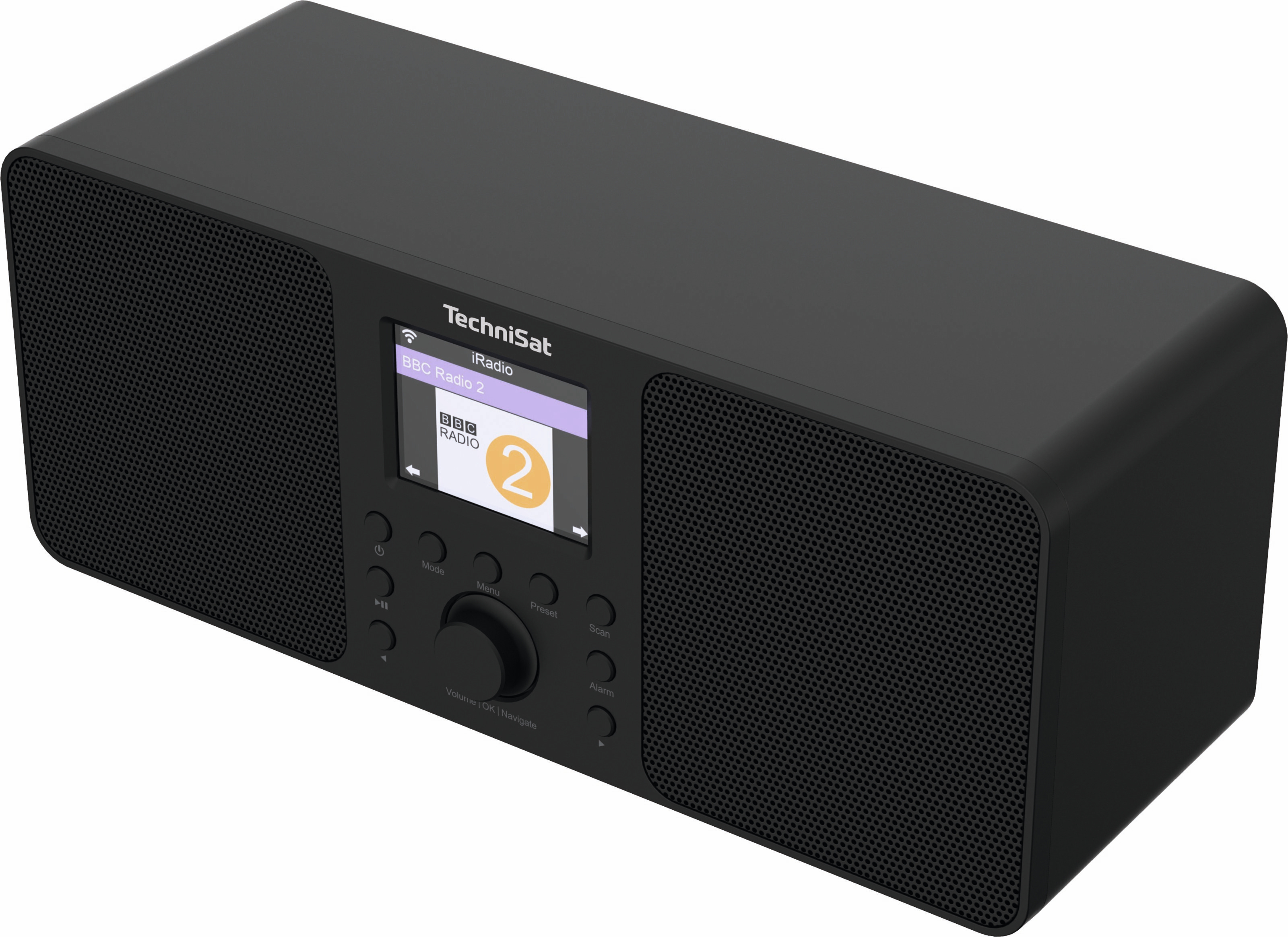 A black TechniSat iRadio. The screen displays BBC Radio 2. Buttons and a knob are visible.