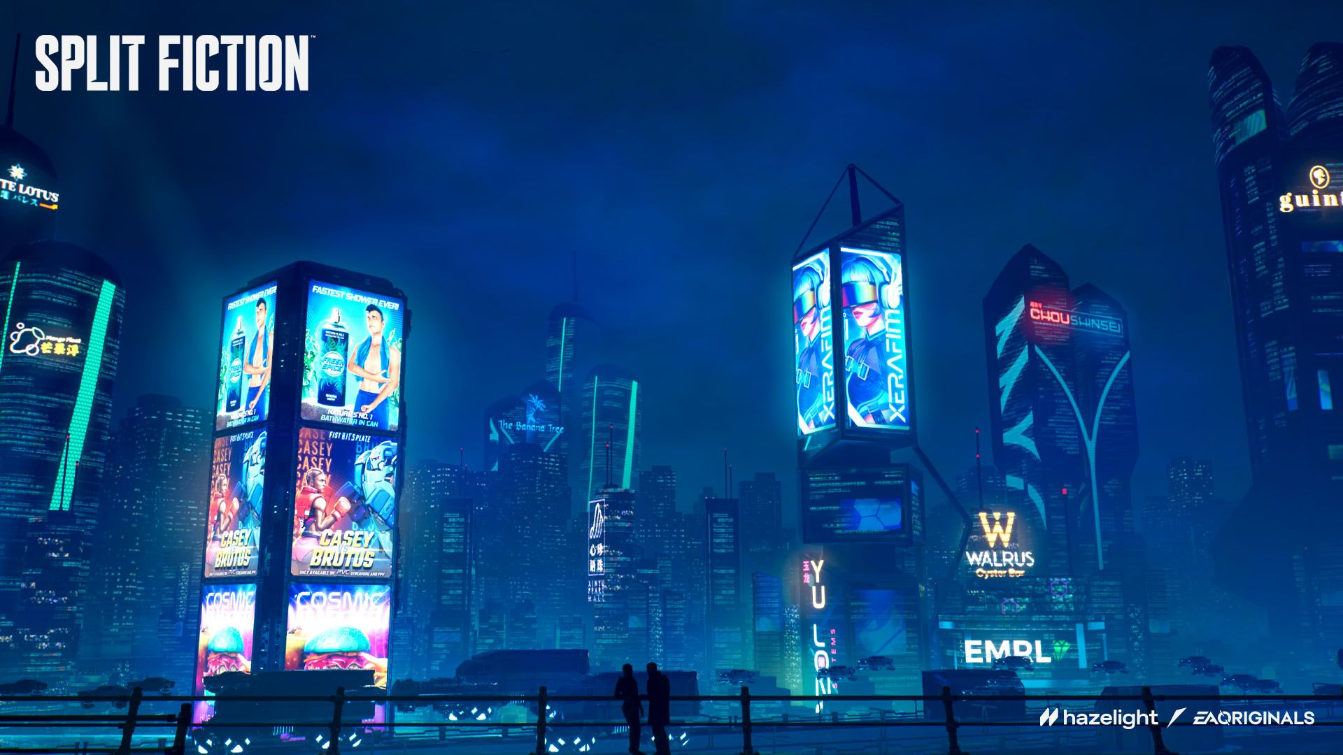 Una città futuristica di notte con insegne al neon. Due figure sono su un ponte. Grattacieli e pubblicità dominano lo skyline.