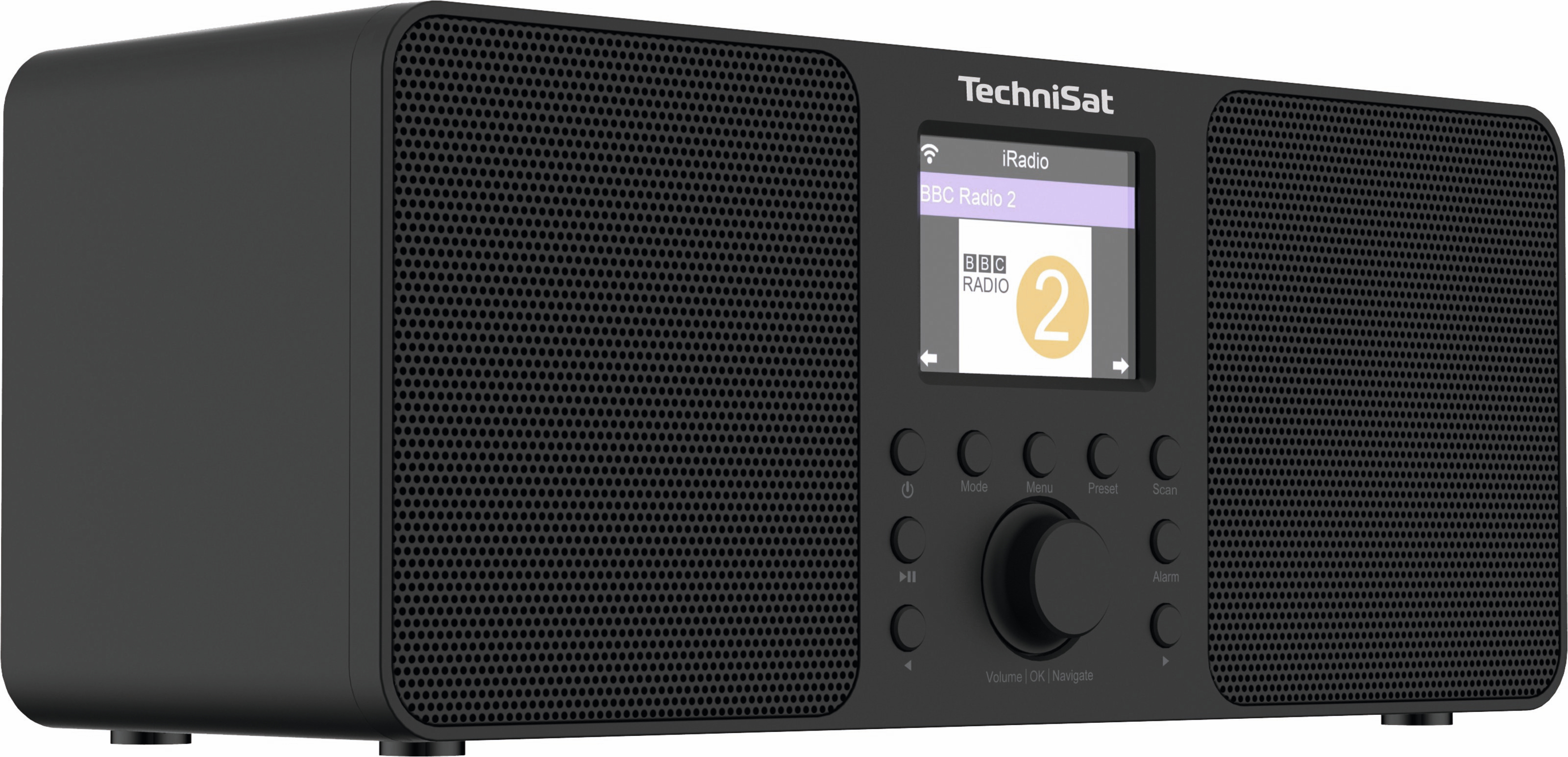 Black TechniSat radio with a screen displaying BBC Radio 2. It has buttons and a volume knob. The speaker has a grid.