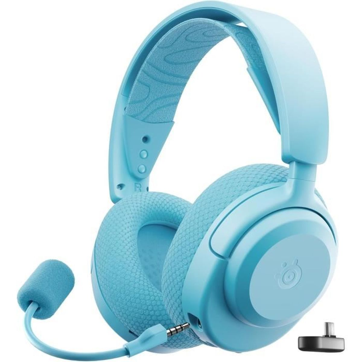 Un'auricolare da gioco blu chiaro con microfono. Le cuffie sono su sfondo bianco. Una porta di ricarica è a destra.