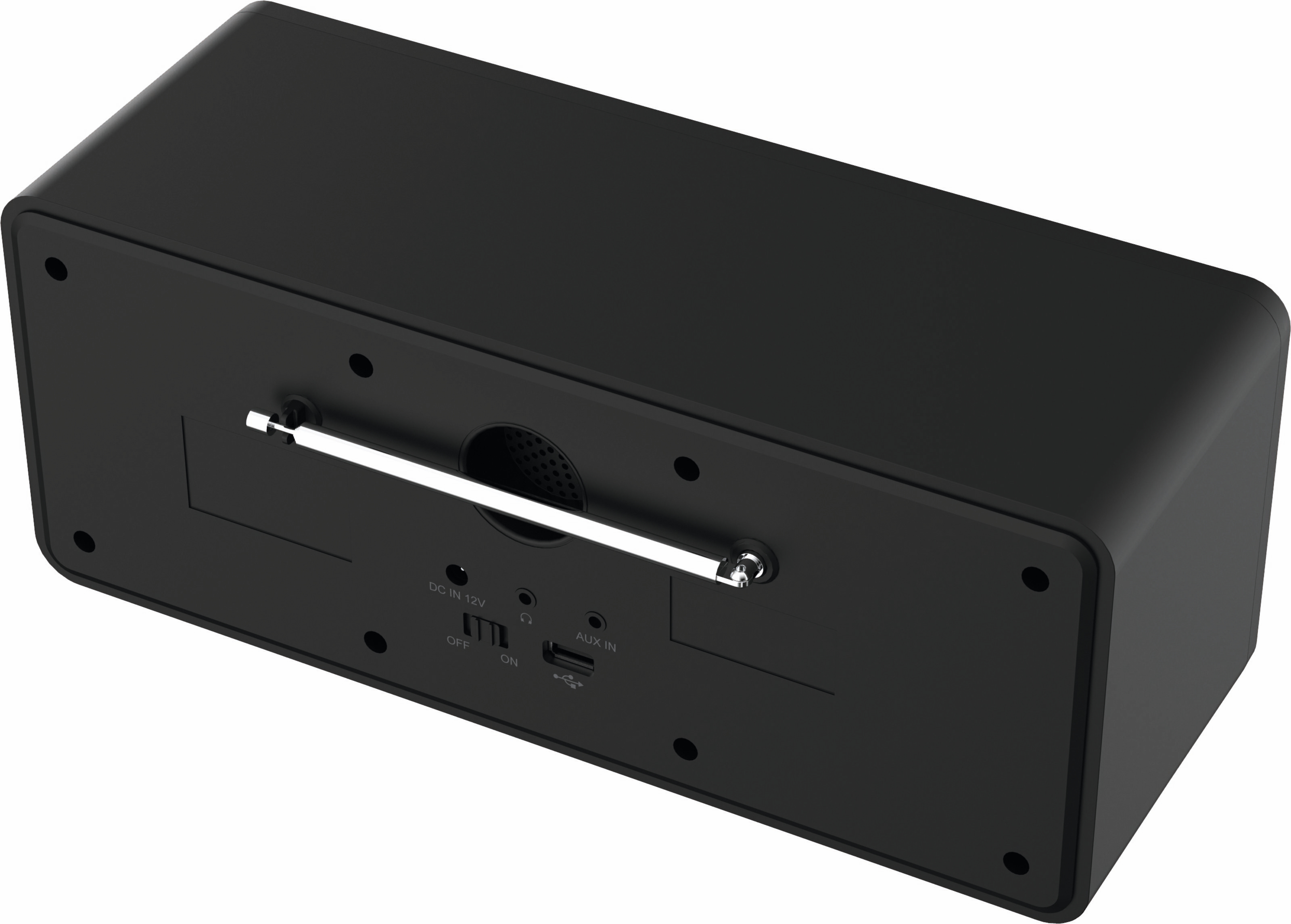 A black rectangular radio with a silver antenna, ports, and buttons. It has a speaker and a power input.