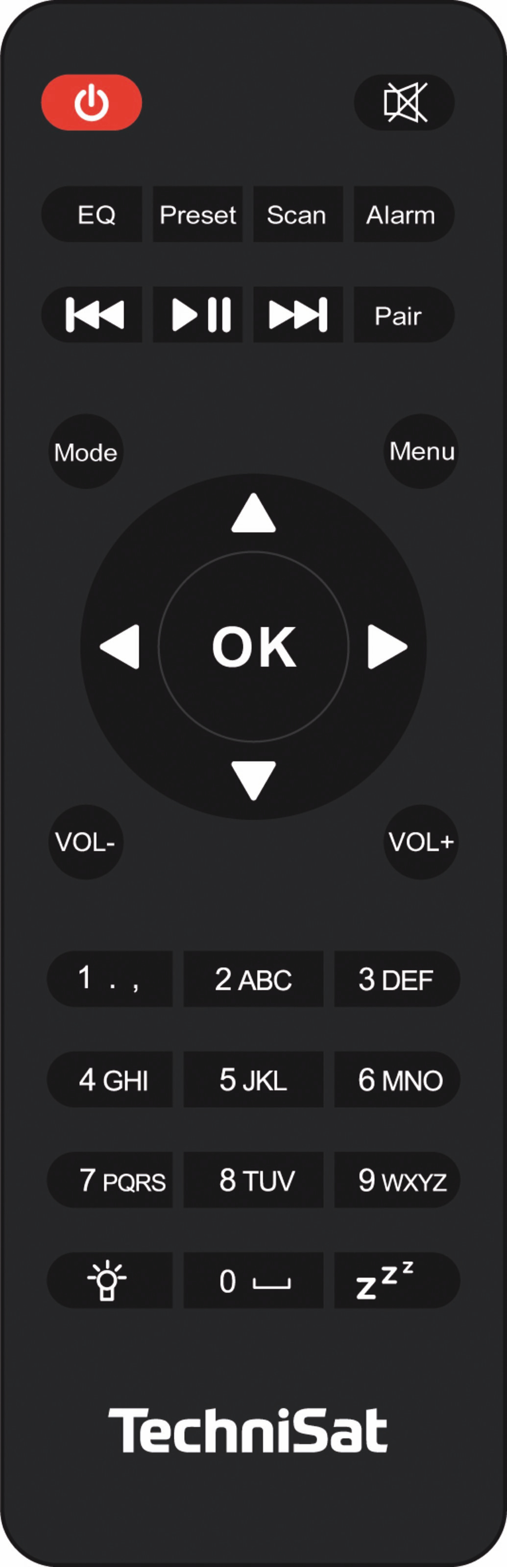 Black remote control with red power button, buttons for EQ, preset, scan, alarm, and a central navigation area.