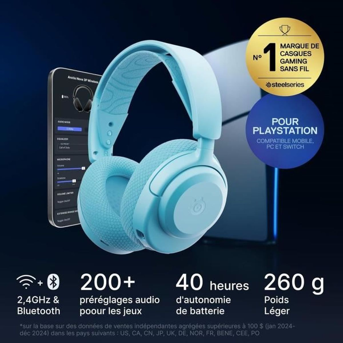 Auriculares gaming azul claro con ajustes del teléfono e info: 2,4 GHz y Bluetooth, 200+ presets, 40h batería, 260g.