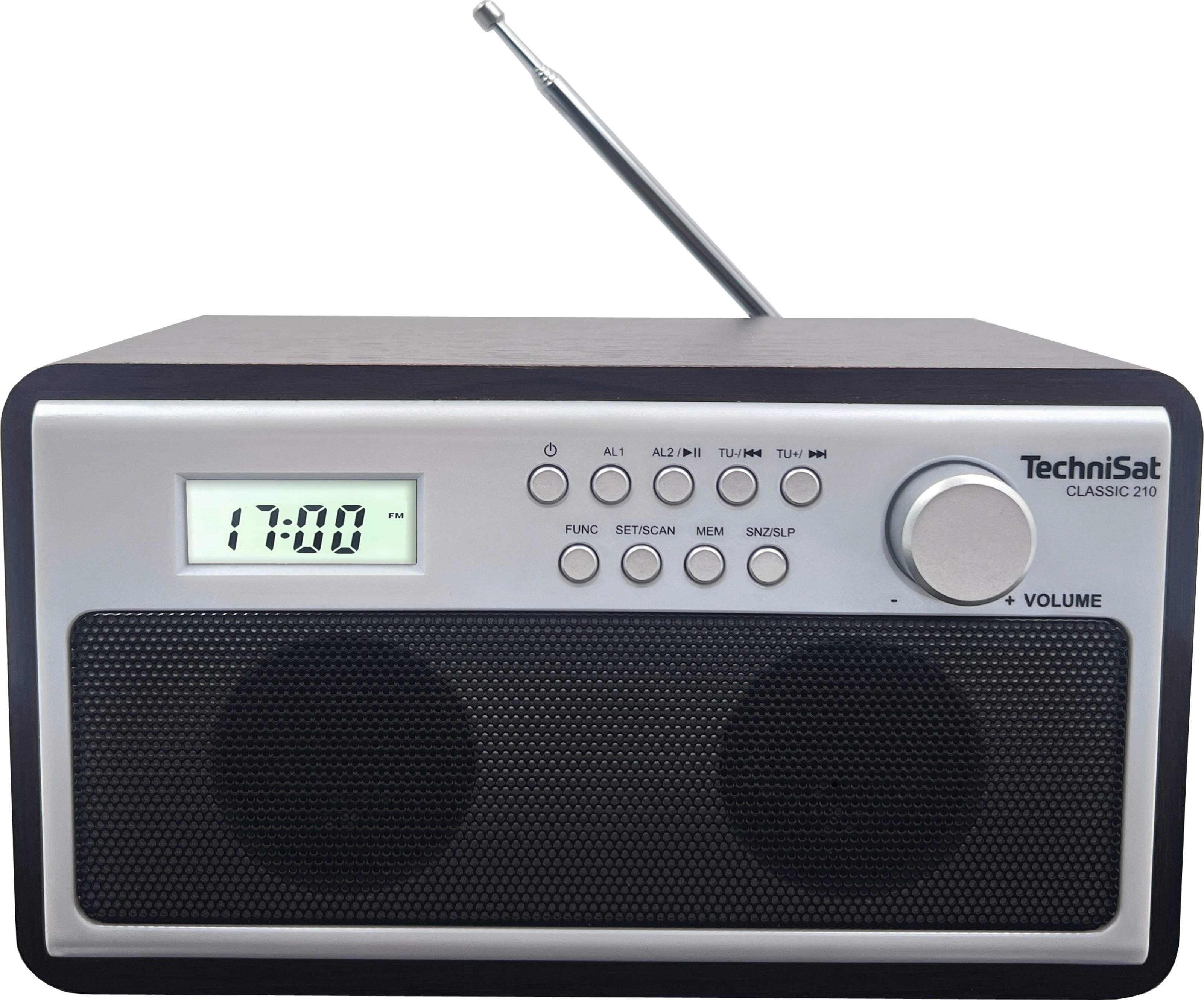 Een TechniSat Classic 210 radio. Het geeft 17:00 weer. Heeft knoppen en een volumeknop. Een antenne steekt omhoog.