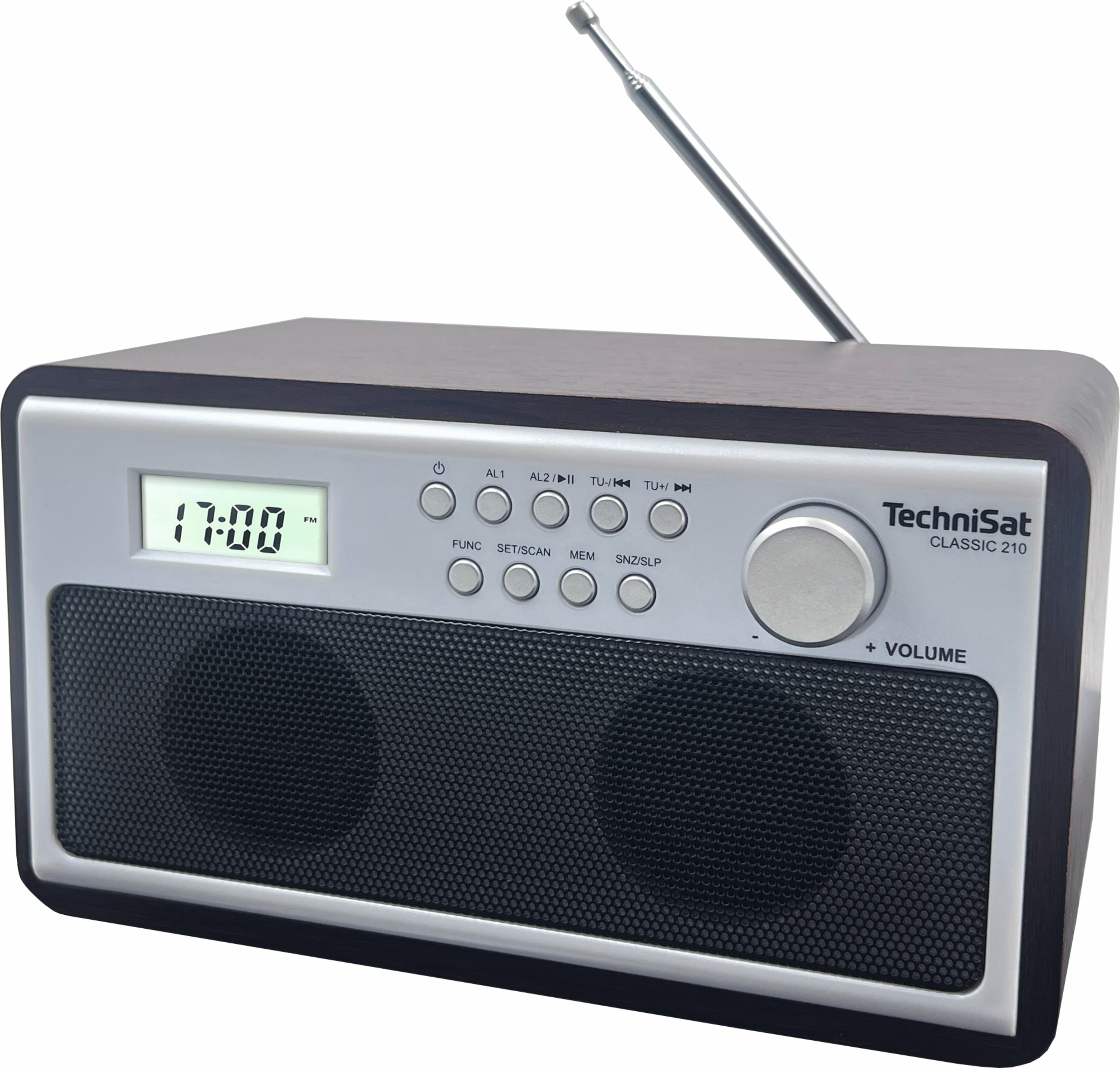 Een TechniSat Classic 210 radio. Het heeft een digitale klokweergave 17:00, knoppen, een afstemknop en een antenne.