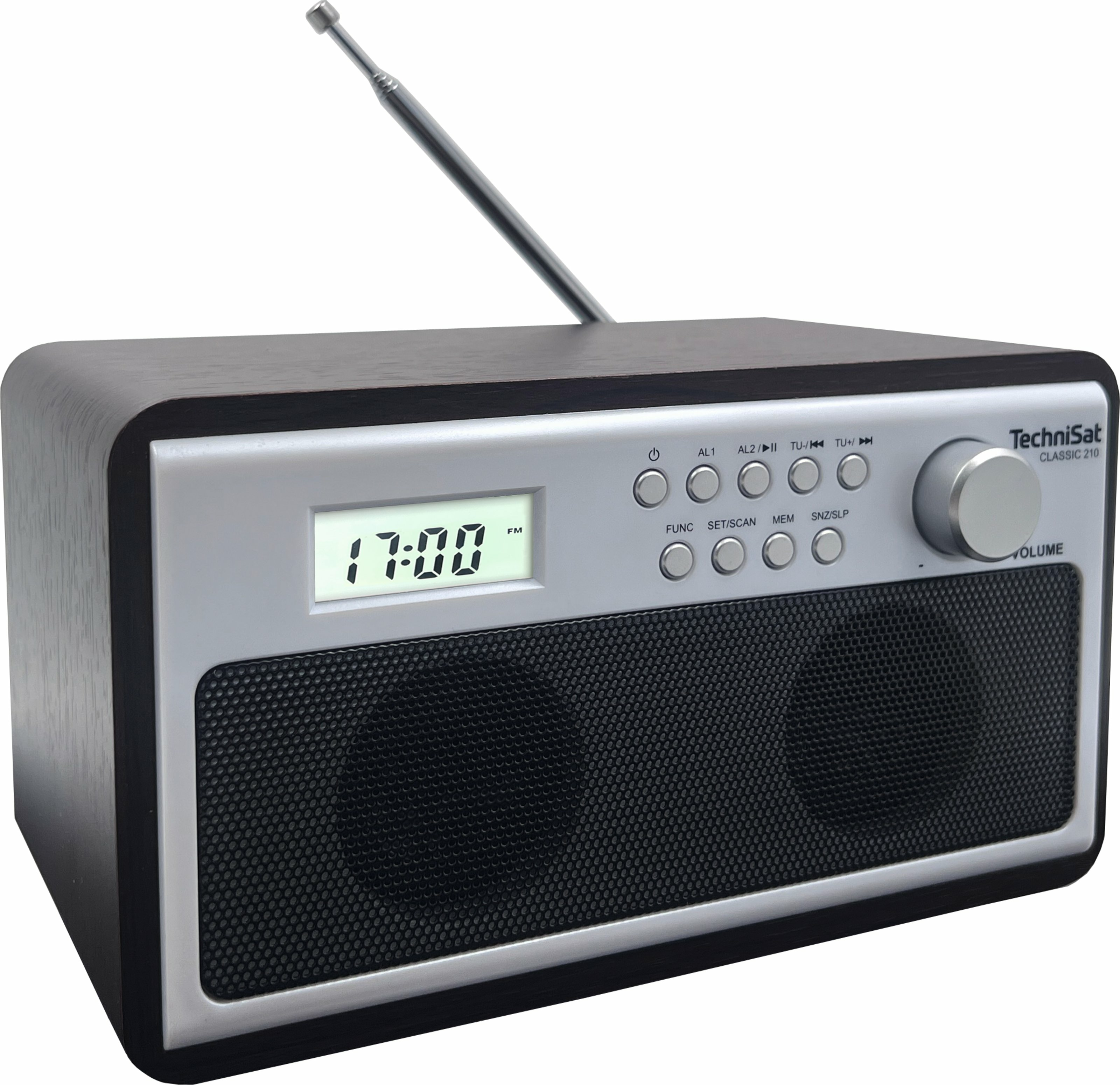 Een TechniSat Classic 210 radio. Het toont 17:00 op het scherm. Het heeft een intrekbare antenne en een volumeknop.