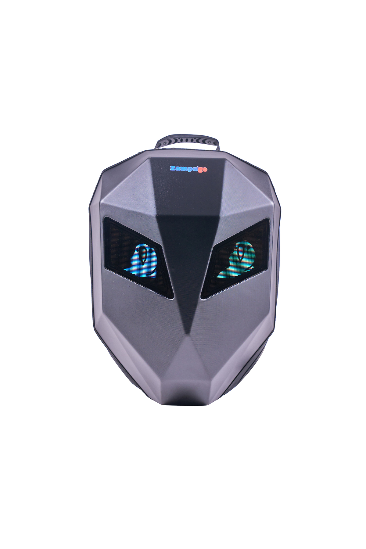 Robot yüz tasarımına sahip gri bir sırt çantası. İki ekran gözü ve bir tutacağı var. Marka adı görünür.