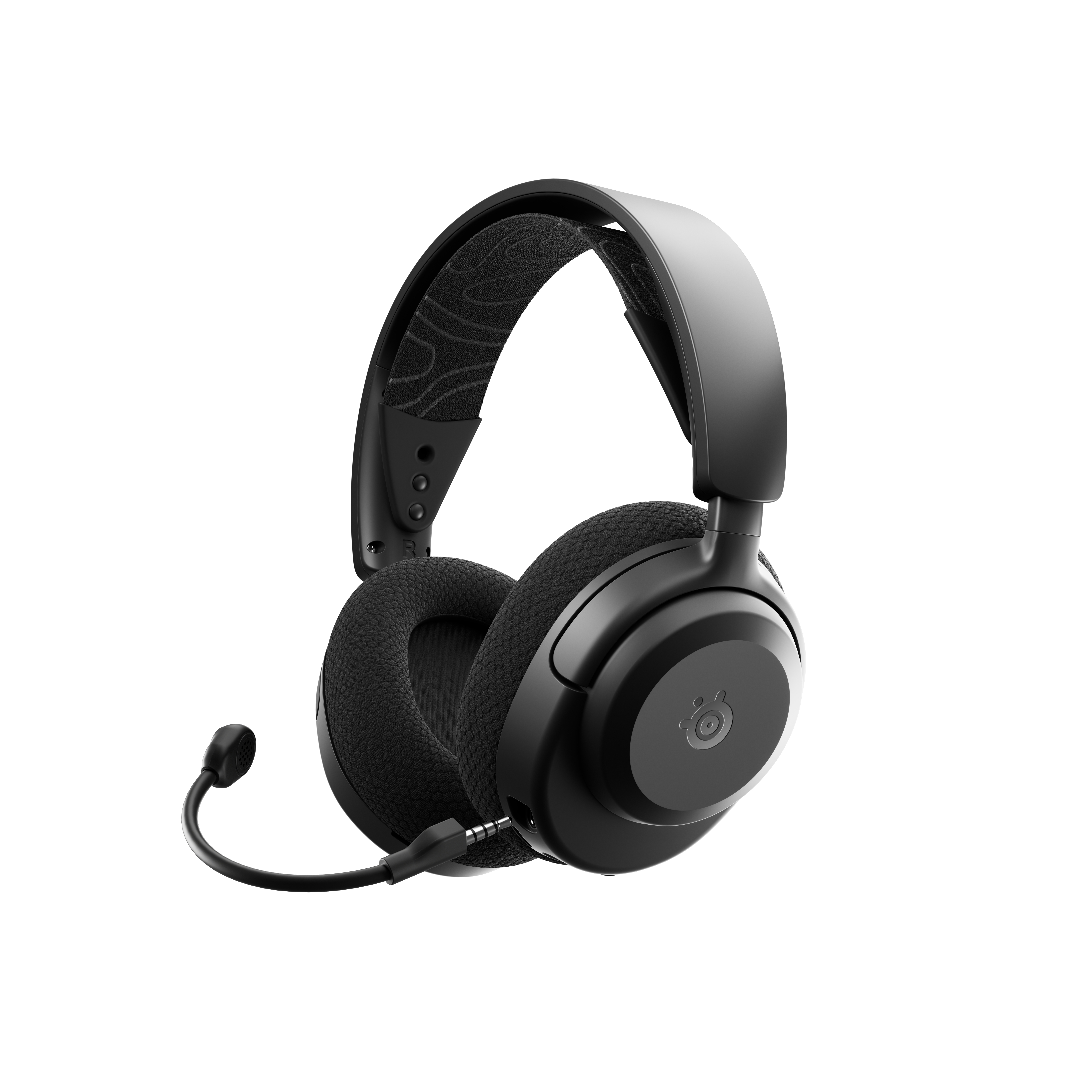 Cuffie da gioco nere su sfondo bianco. Dotate di microfono e logo SteelSeries sul padiglione.