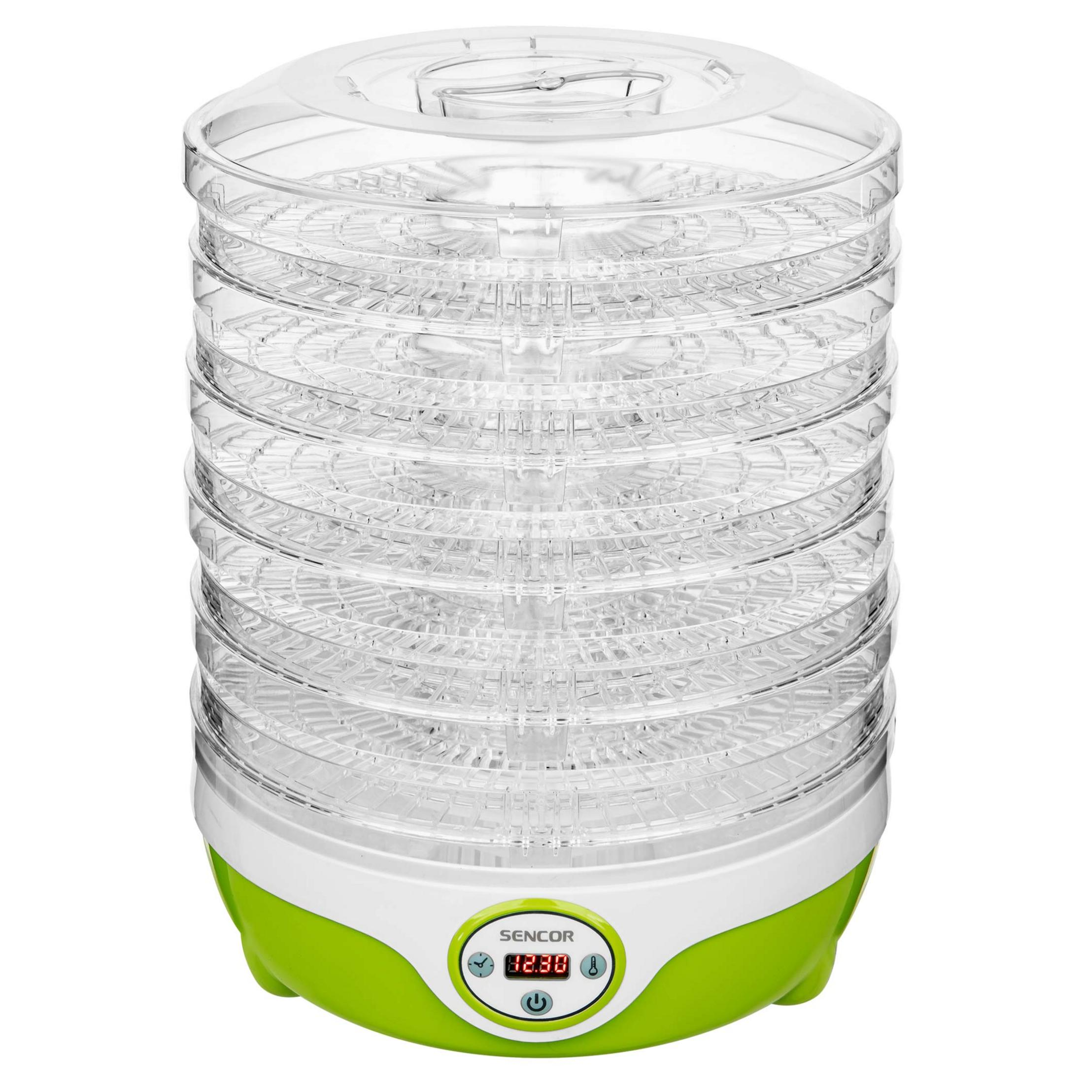 Un essiccatore per alimenti, vassoi in plastica trasparente impilati, base verde e bianca.