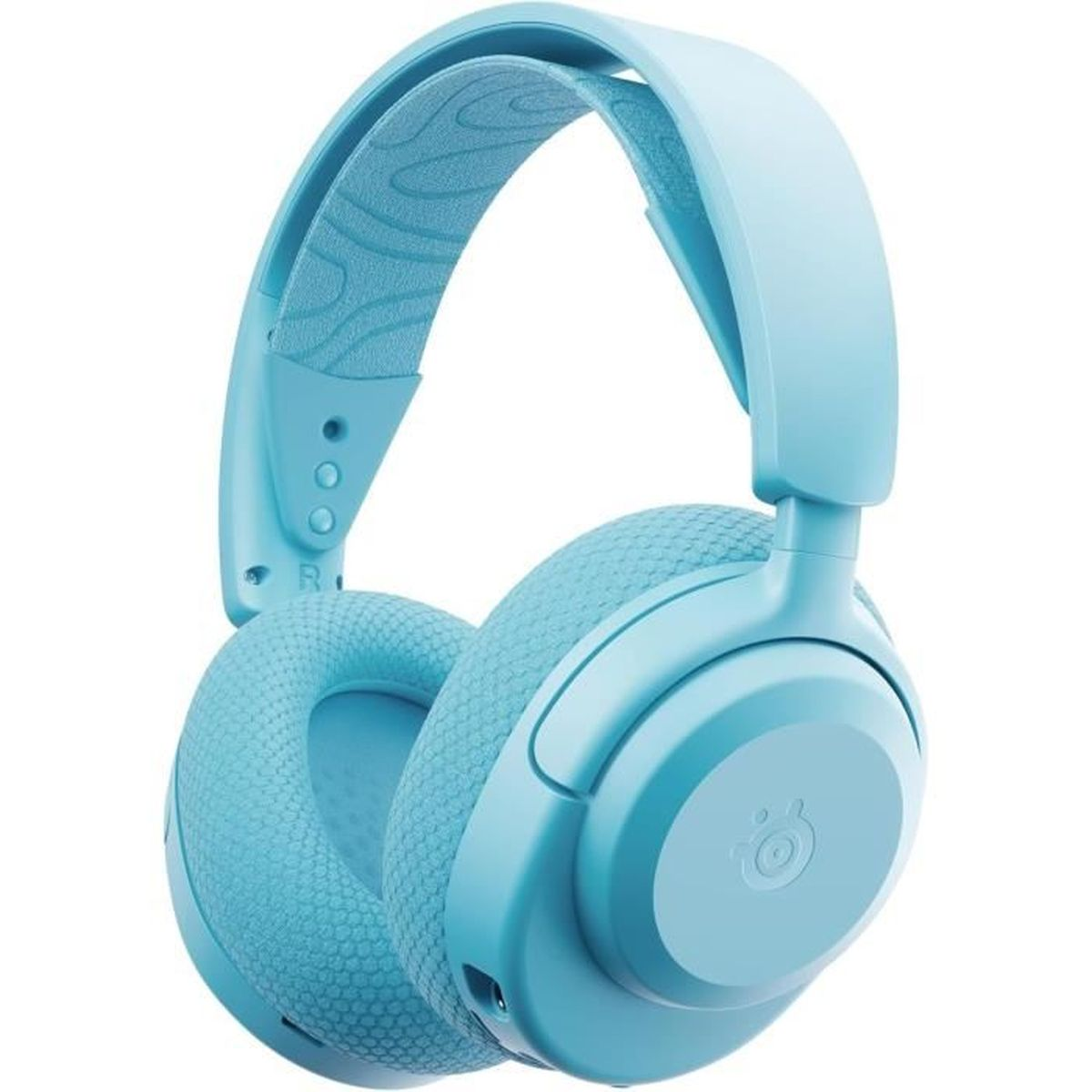 Cuffie azzurro chiaro con archetto e padiglioni imbottiti. I padiglioni hanno una superficie strutturata e il logo SteelSeries.