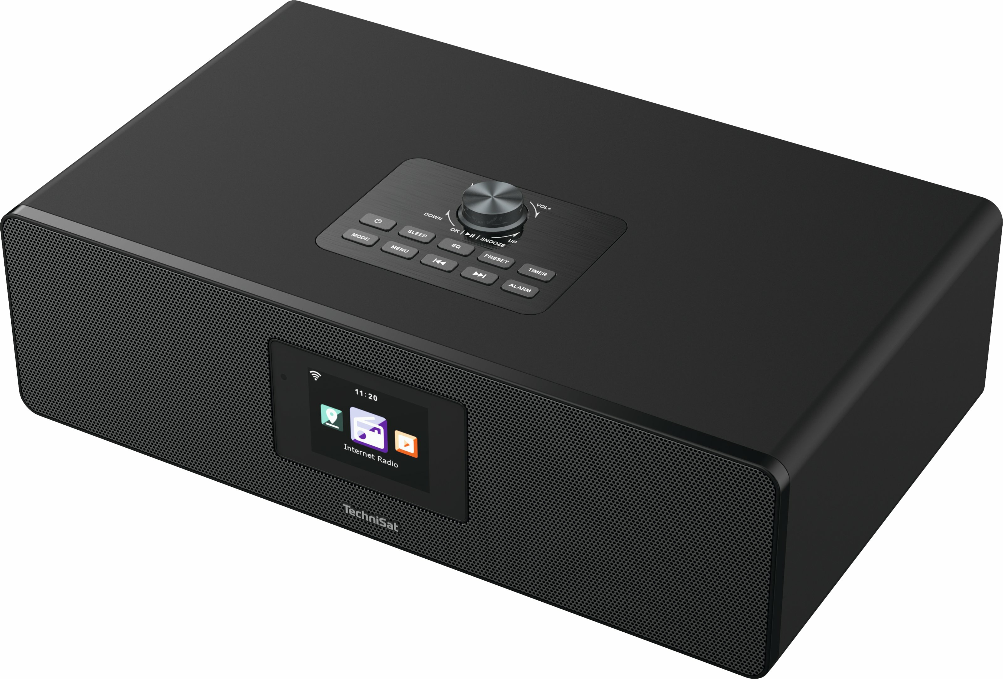 A black TechniSat internet radio. It has a screen displaying icons and time. There are buttons and a knob.
