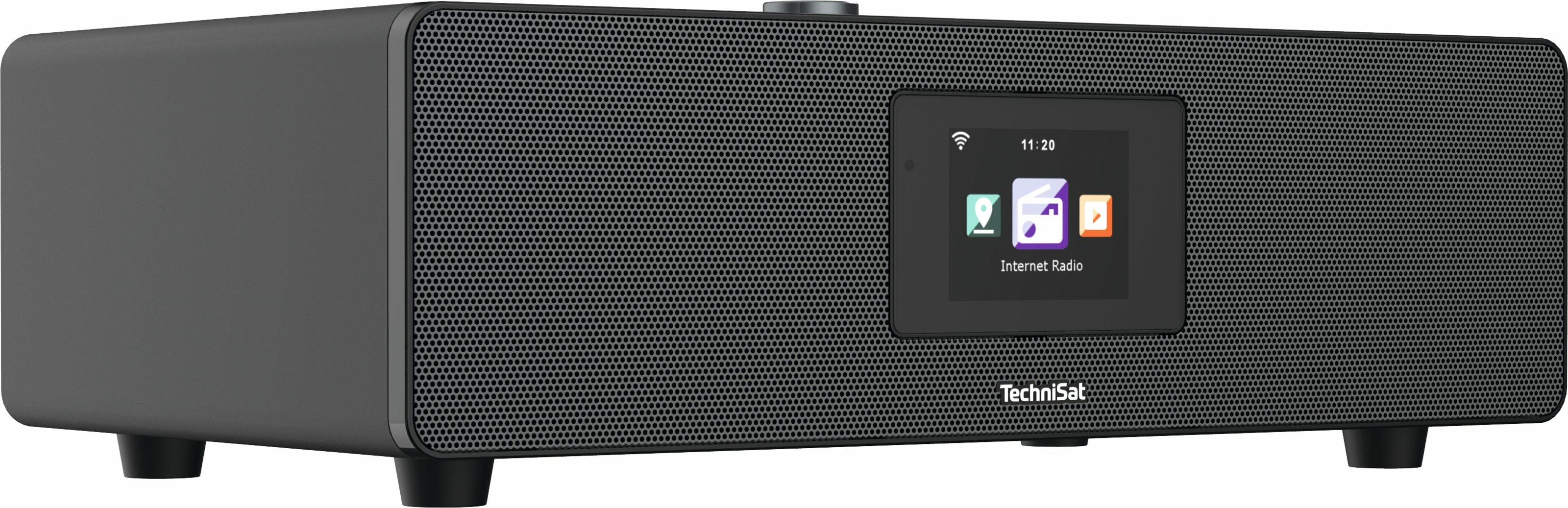 A dark gray TechniSat internet radio. It has a screen displaying internet radio icons. It stands on four black feet.