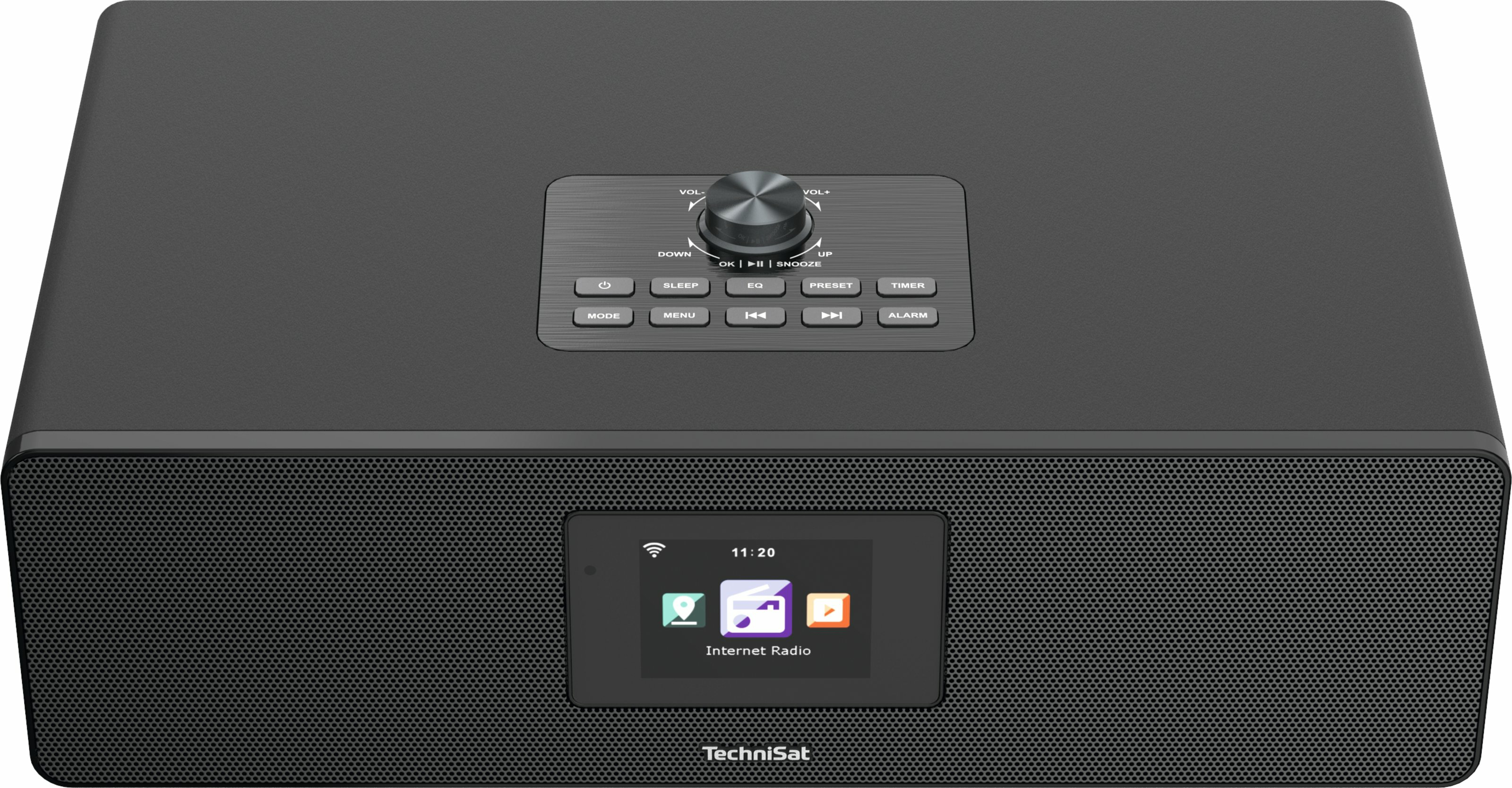 Black radio with buttons, a knob, and a screen displaying 'Internet Radio'.
