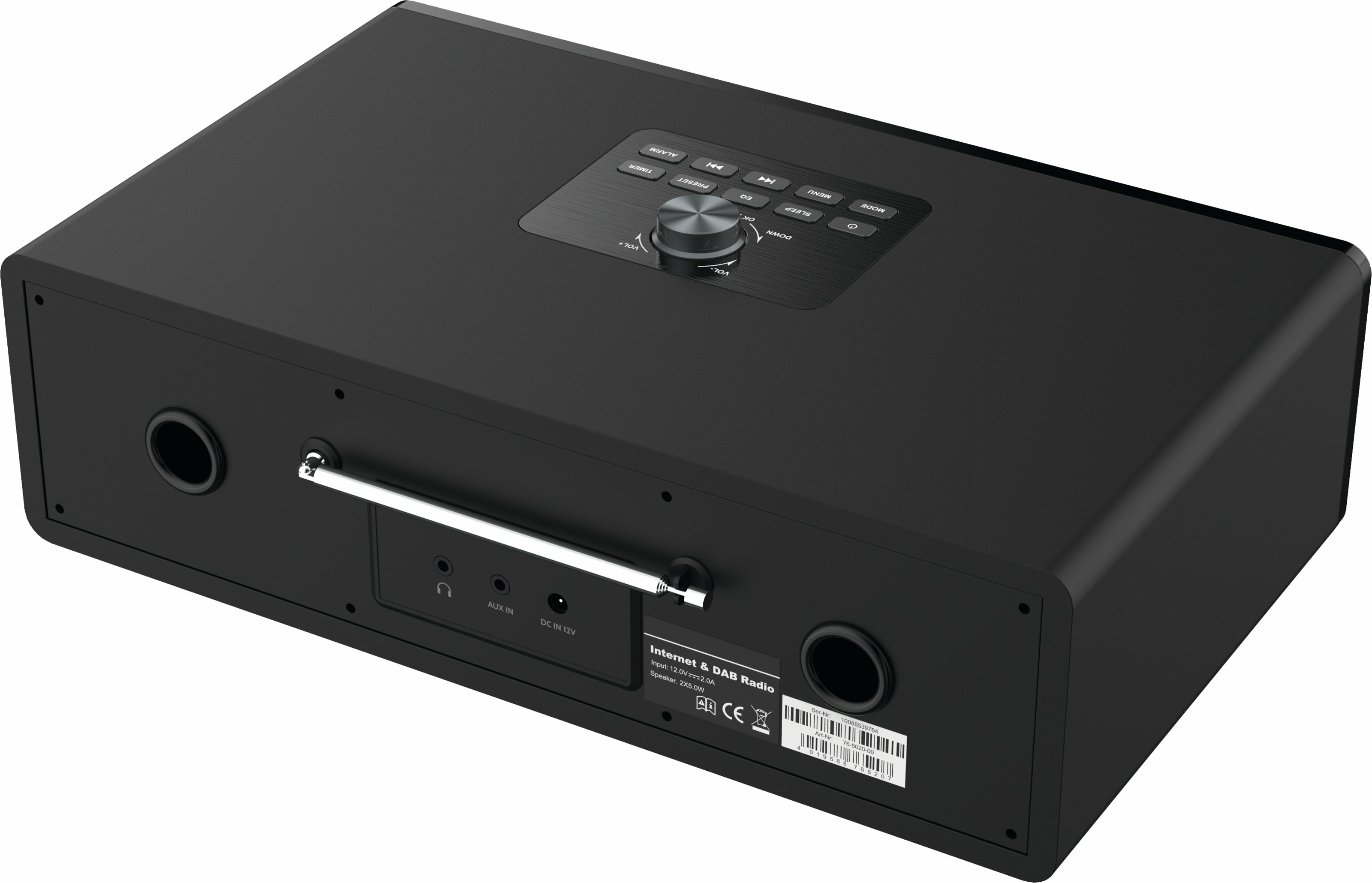 Black internet and DAB radio, with buttons and volume control, and an antenna. The back has input ports.