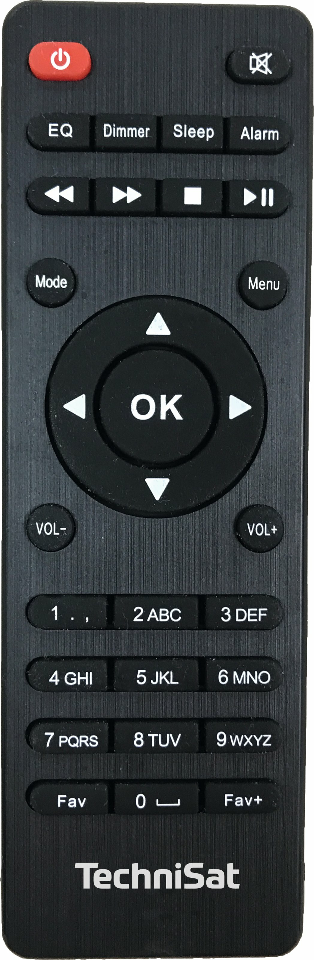 Black TechniSat remote with many buttons: power, volume, numbers, and navigation controls.