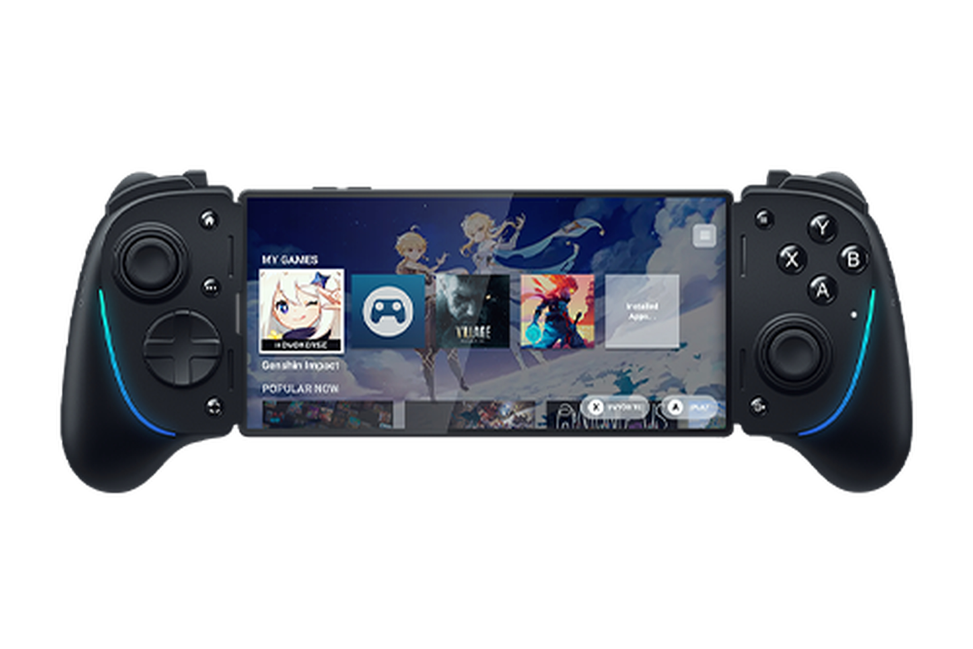 Czarny gamepad z ekranem wyświetlającym ikony gier. Ekran otoczony jest elementami kontrolera. Obecne jest niebieskie światło.