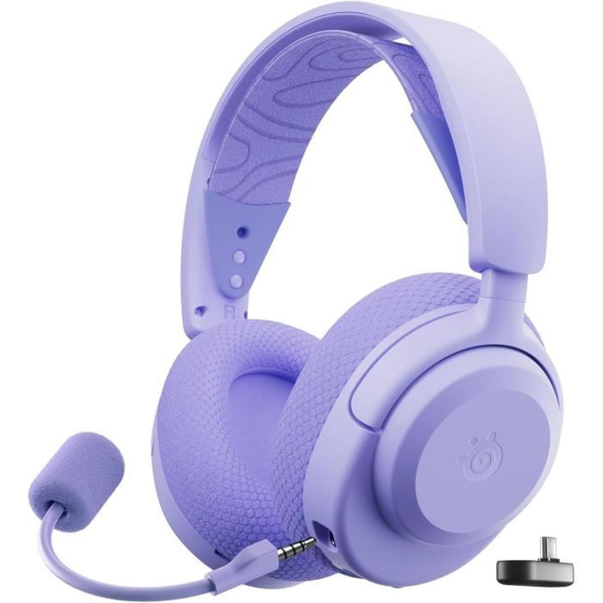 Una cuffia wireless lavanda con microfono. La cuffia ha archetto e padiglioni imbottiti e un microfono. È visibile una porta di ricarica.
