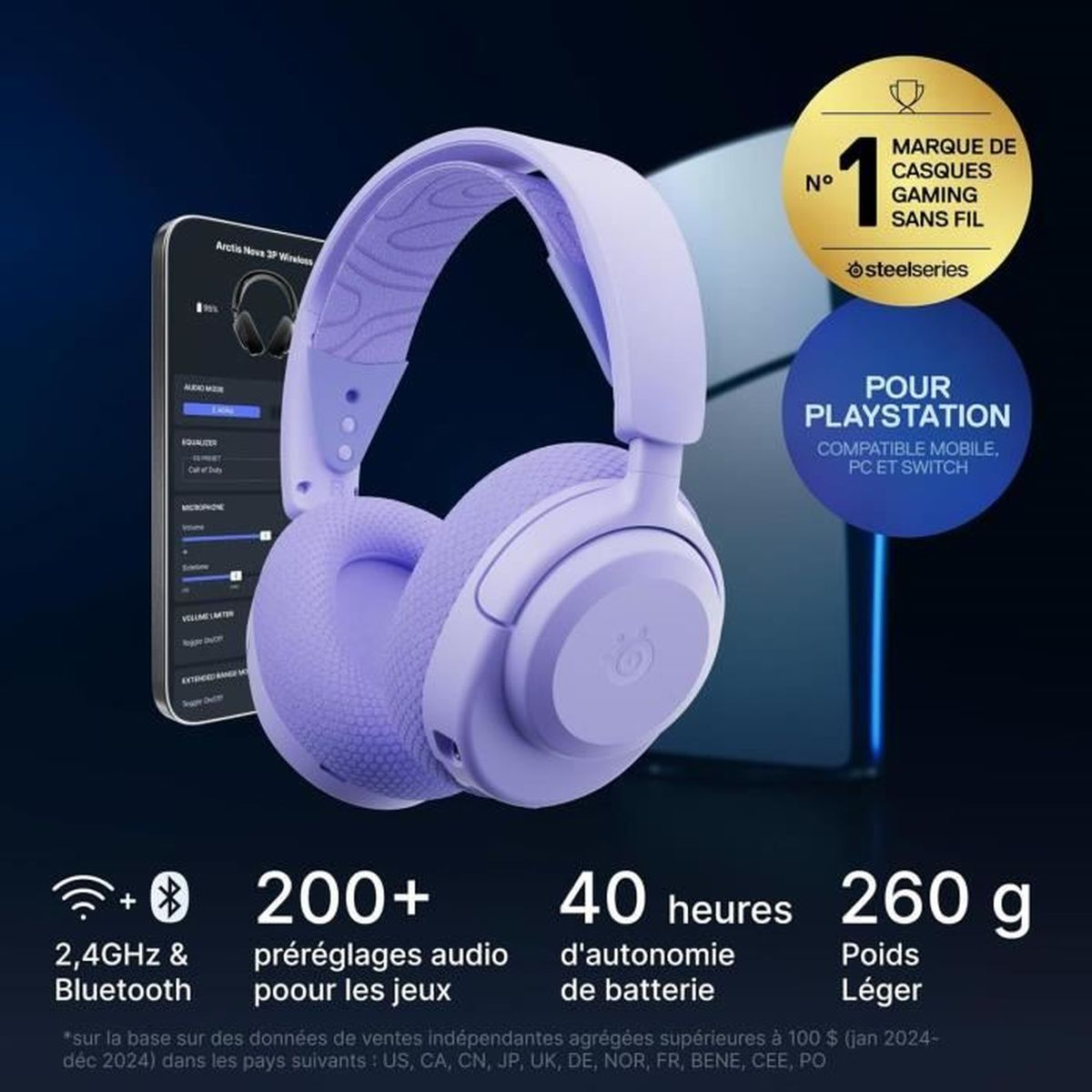 Cuffie da gioco viola con un telefono che mostra le impostazioni e informazioni sulle funzionalità e specifiche delle cuffie.