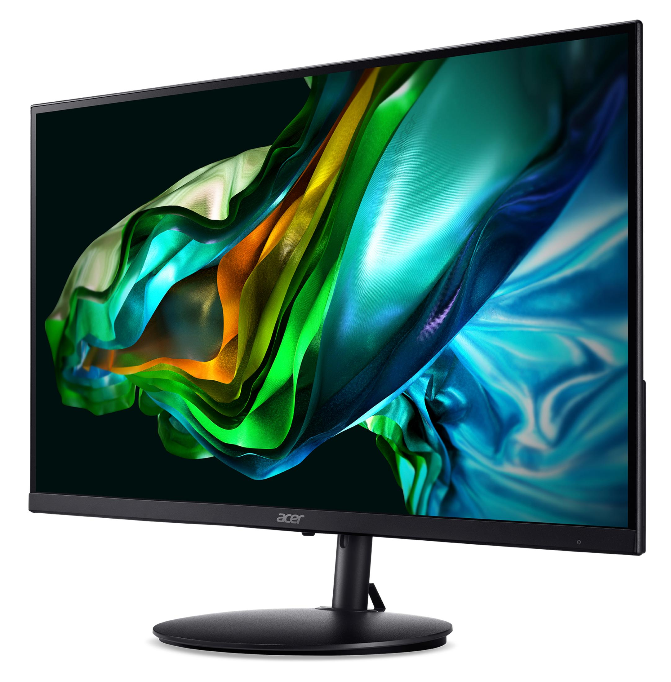 Il monitor Acer mostra arte astratta colorata. È nero con un supporto nero. Lo sfondo è bianco.